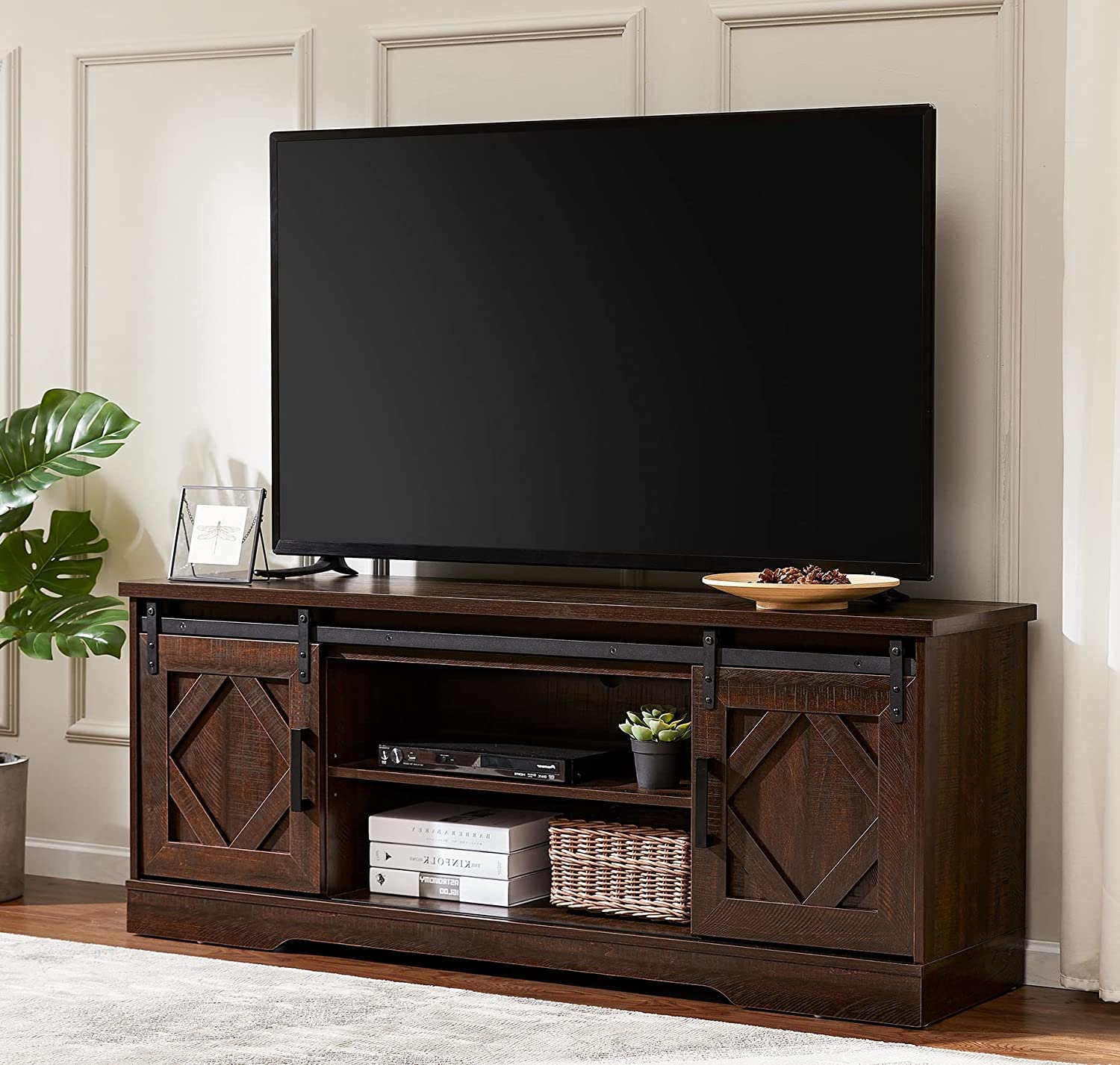 WAMPAT Farmhouse Sliding Barn Door TV Stand for 32-65 Inch TV & Accent Cabinet for Living Room, Rustic Brown