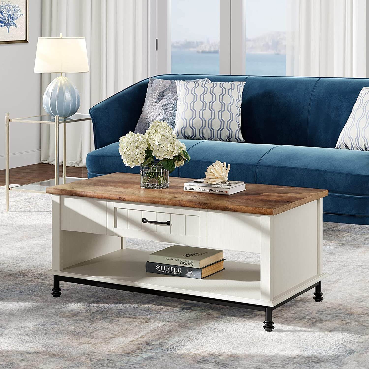 WAMPAT 42" Farmhouse Coffee Table with 1 Drawer & Open Storage Shelf for Living Room, White