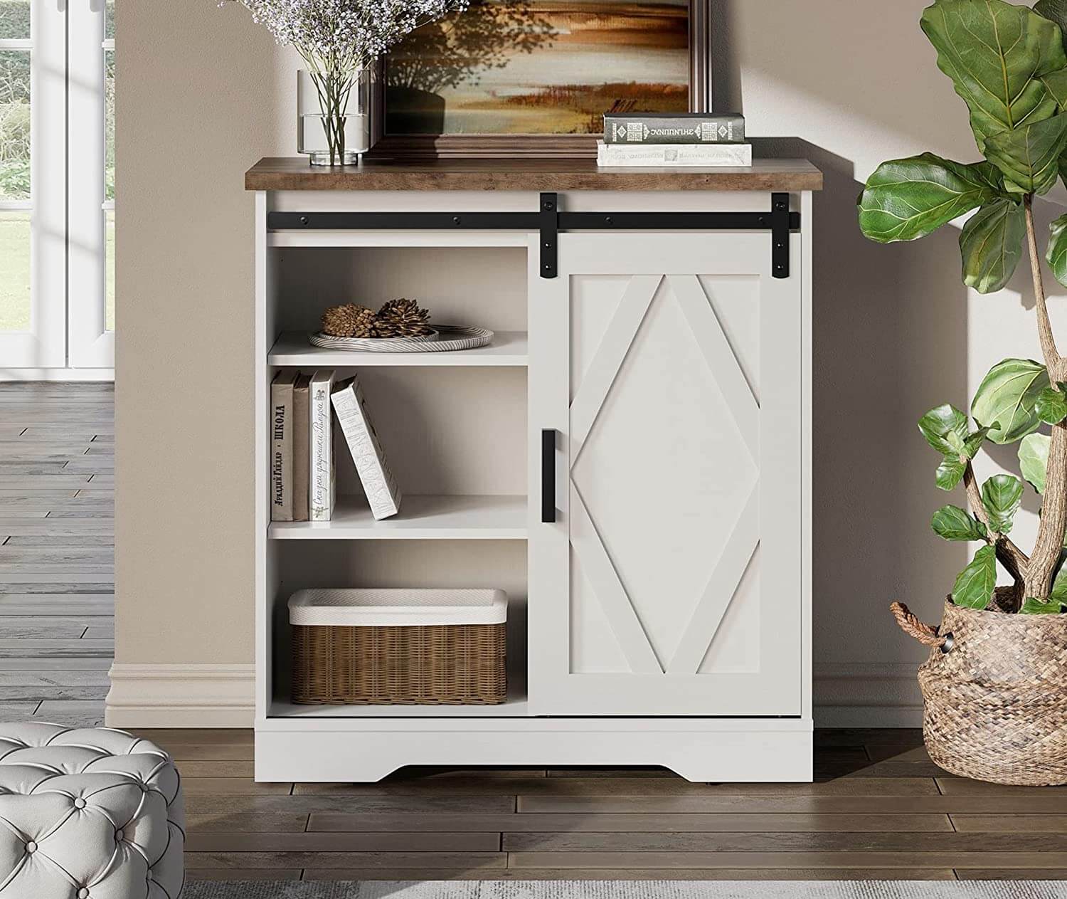 WAMPAT 35" Rustic Farmhouse Accent Buffet Sideboard Coffee Bar Cabinet with Sliding Barn Door & Yellow LED, White