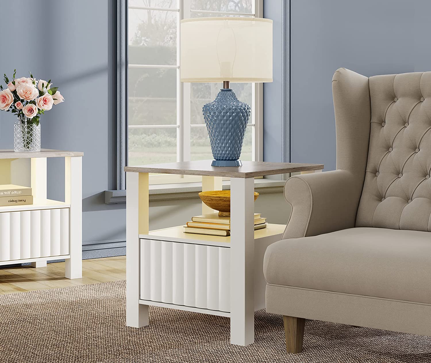 WAMPAT 17.6" White End Tables Wood Modern Night Stand Bedside Tables with LED Light & Storage Cabinet, Small Side Table for Living Room