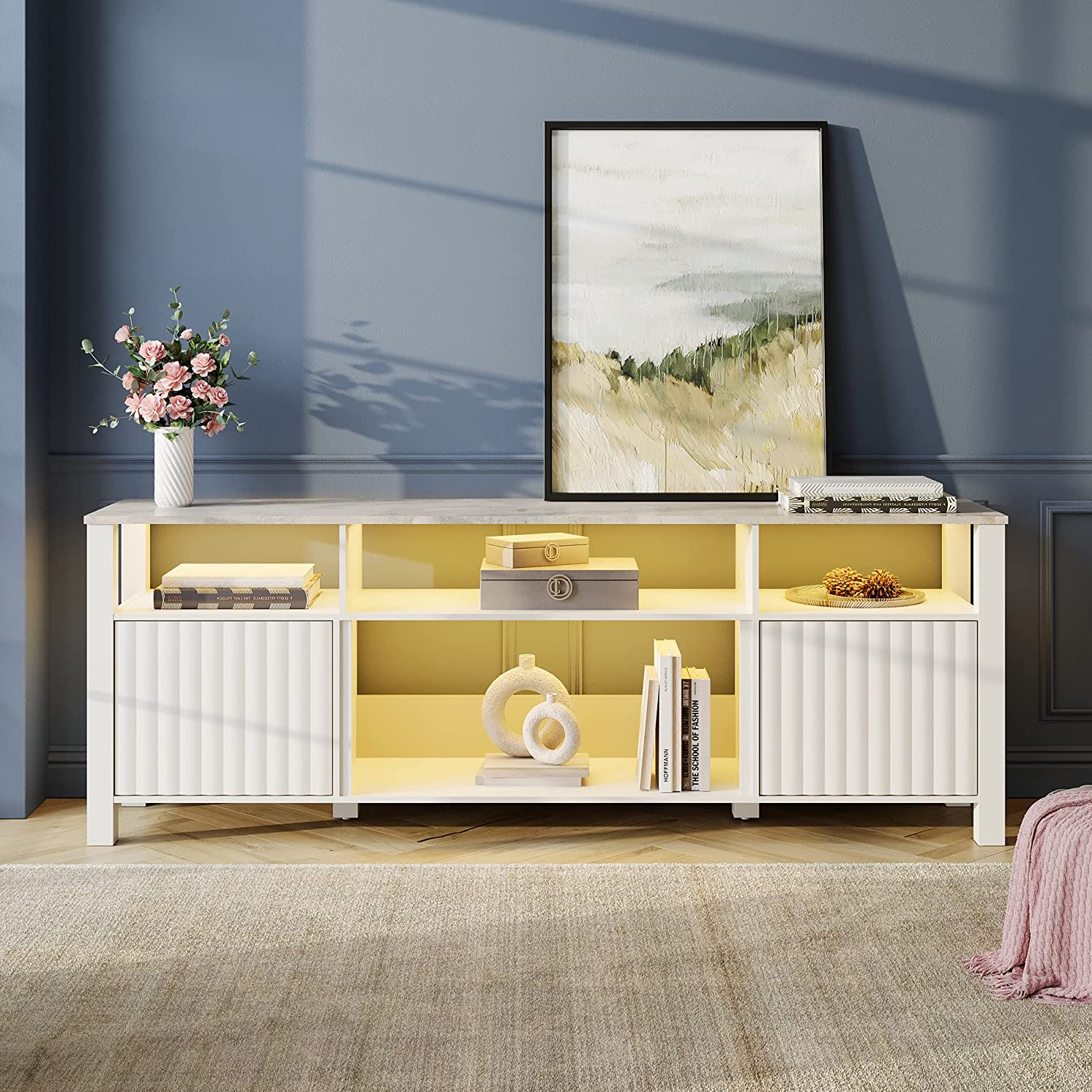 WAMPAT 70" LED TV Stand for TVs up to 75 Inch, Entertainment Center with 6 Cubby for Living Room Bedroom, White