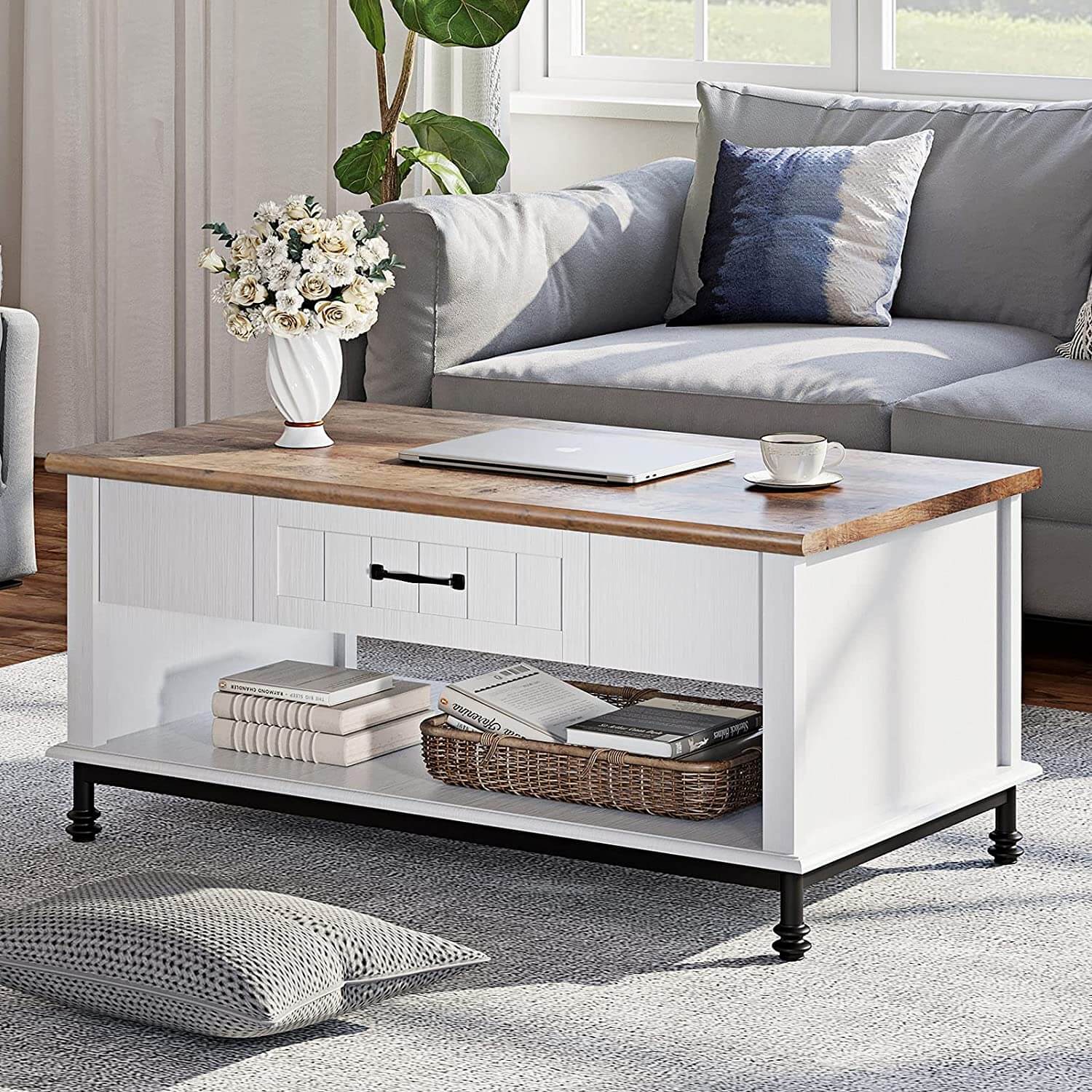 WAMPAT 42" Farmhouse Coffee Table, Large Rectangle Center Table, White