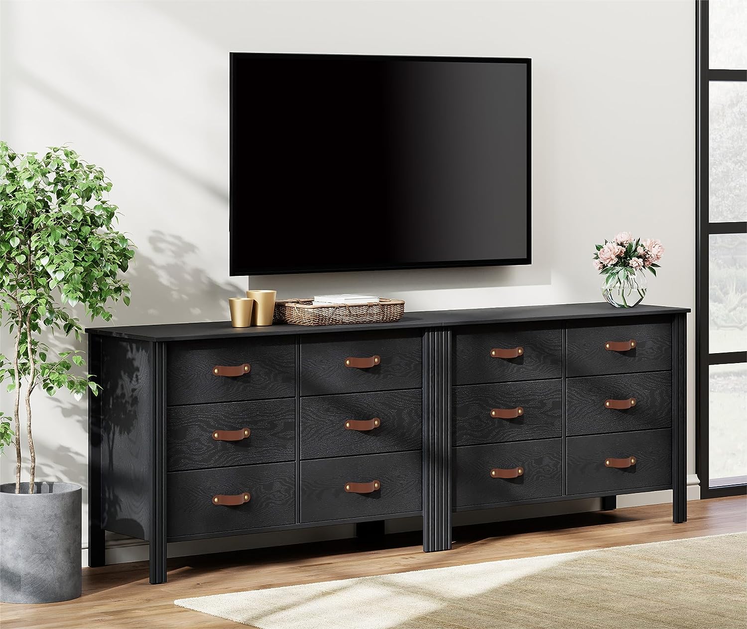 WAMPAT Dresser TV Stand, Wood Entertainment Center with 6 Fabric Drawers, Chest of Drawers for Living Room, Bedroom, Hallway