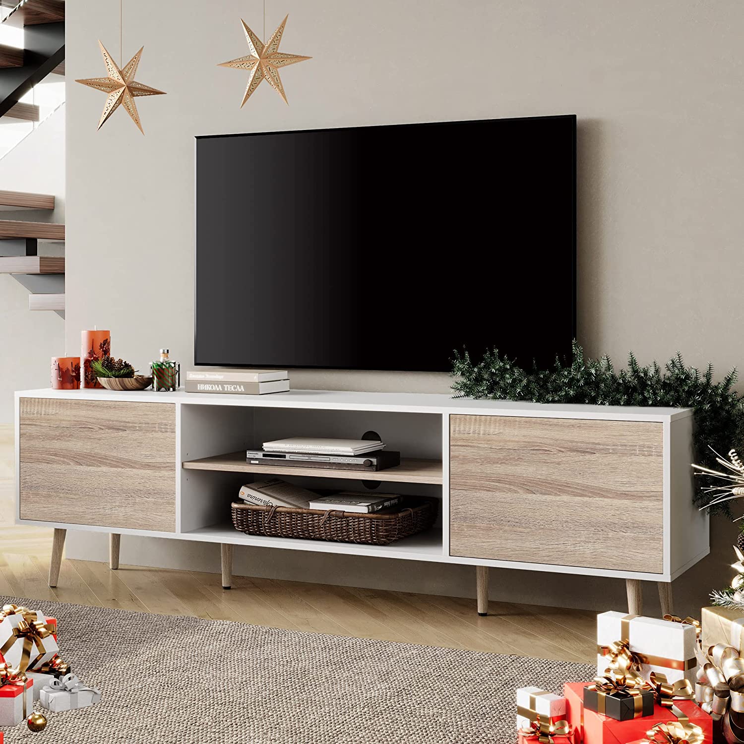 WAMPAT Mid Century Modern Wood TV Stand for 32-75 Inch TV, Home Entertainment Center TV Cabinet Unit, White & Oak