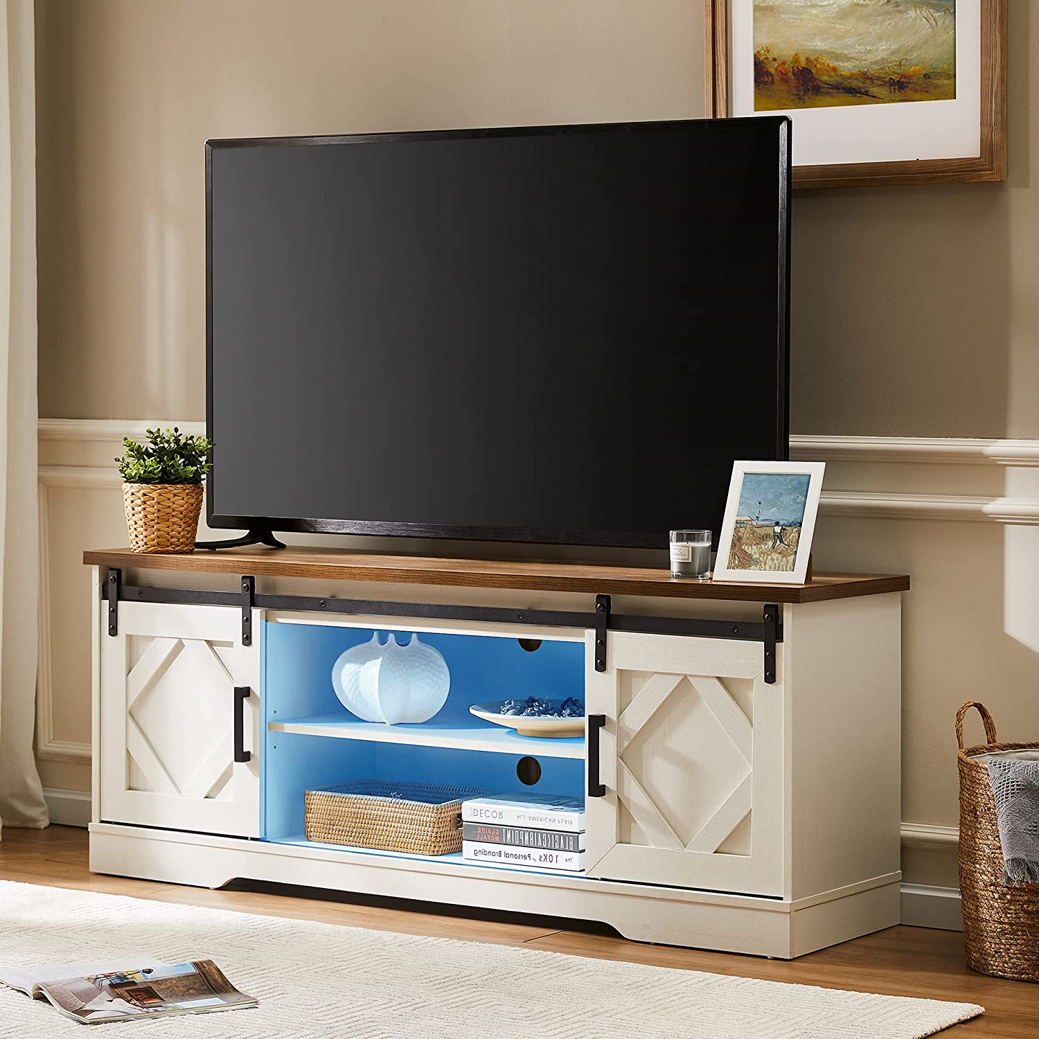 WAMPAT 60" Farmhouse Solid Wood TV Stand for 32-65 Inch TV, Sliding Barn Door Entertainment Center with Blue LED, White