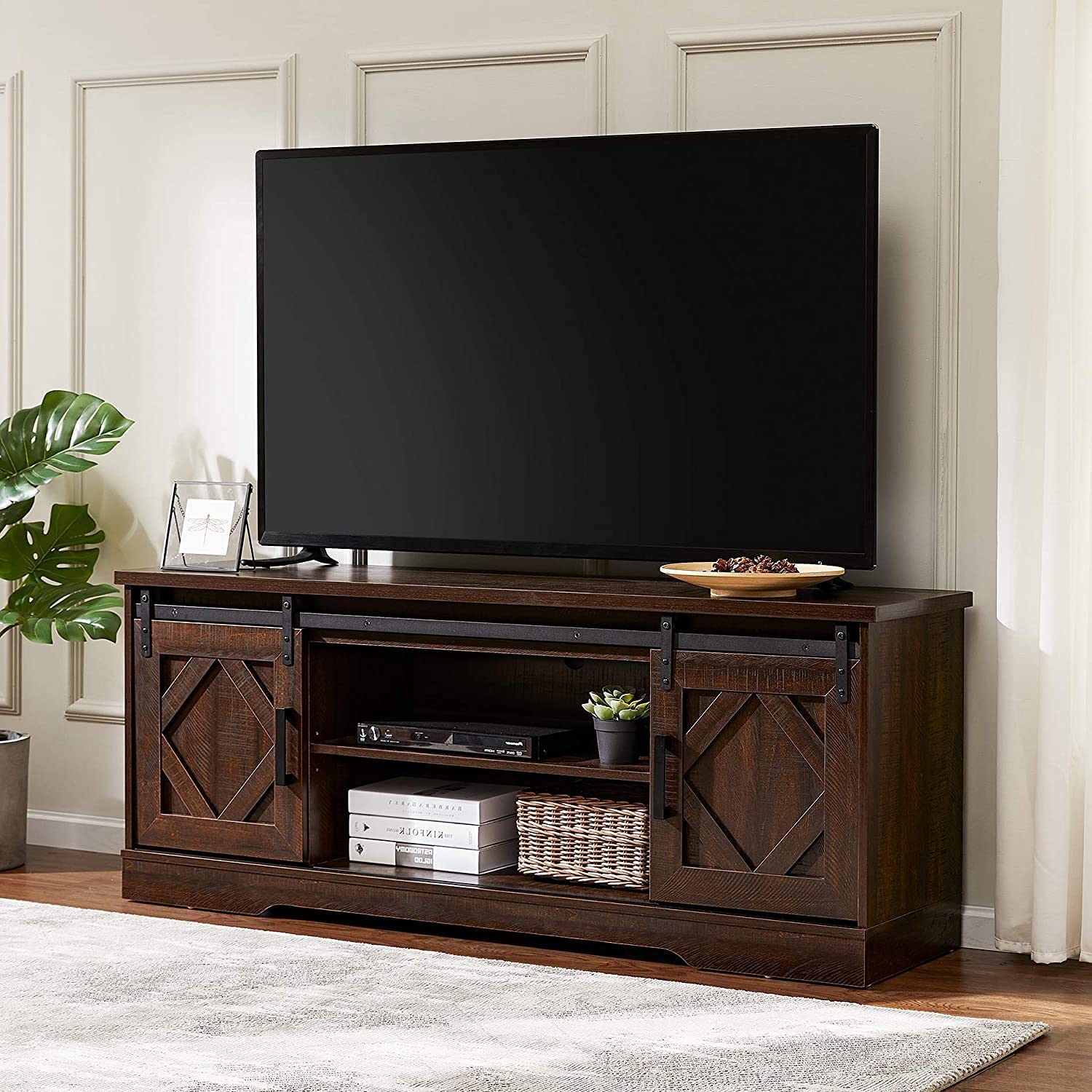 WAMPAT Farmhouse Sliding Barn Door TV Stand for 32-65 Inch TV & Coffee Table Set for Living Room, Rustic Brown