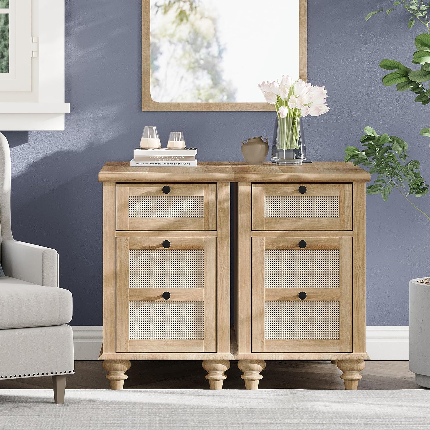 WAMPAT End Table with Charging Station, Wood Side Sofa Table Rattan Weaving Nightstand for Living Room Bedroom, Oak