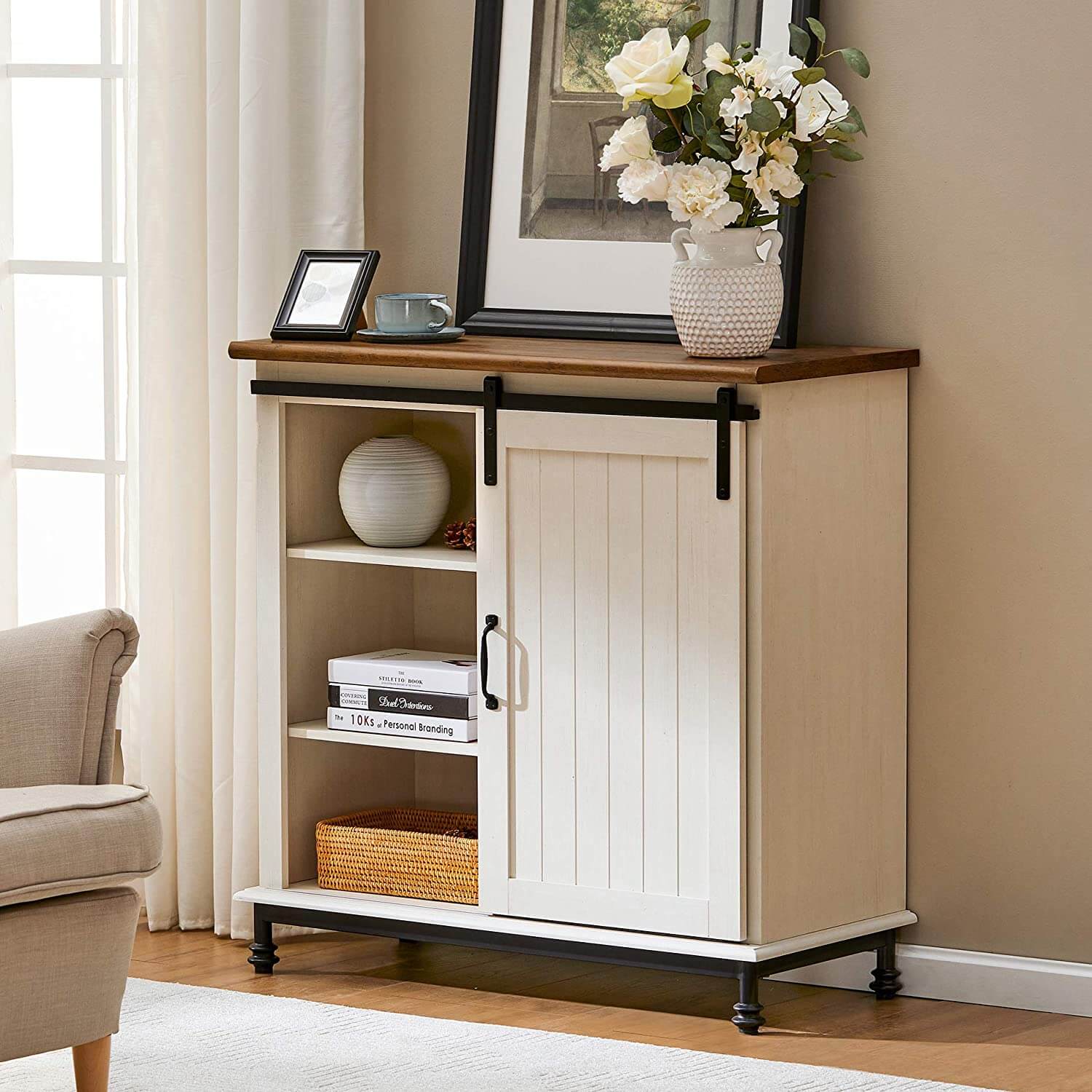 WAMPAT 35" Rustic Farmhouse Sliding Barn Door Accent Cabinet Coffee Bar Buffet Entryway Storage Table, White