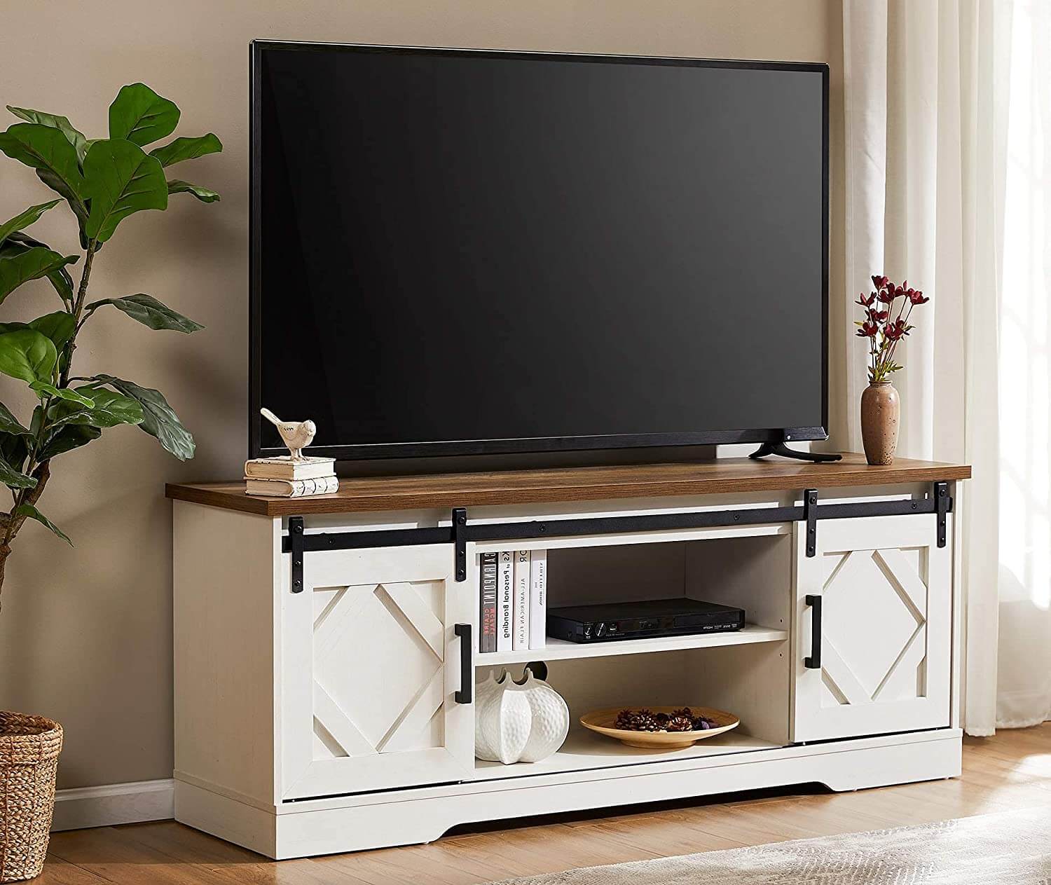 WAMPAT 60" Farmhouse Solid Wood TV Stand for 32-65 Inch TV, Sliding Barn Door Entertainment Center with Blue LED, White