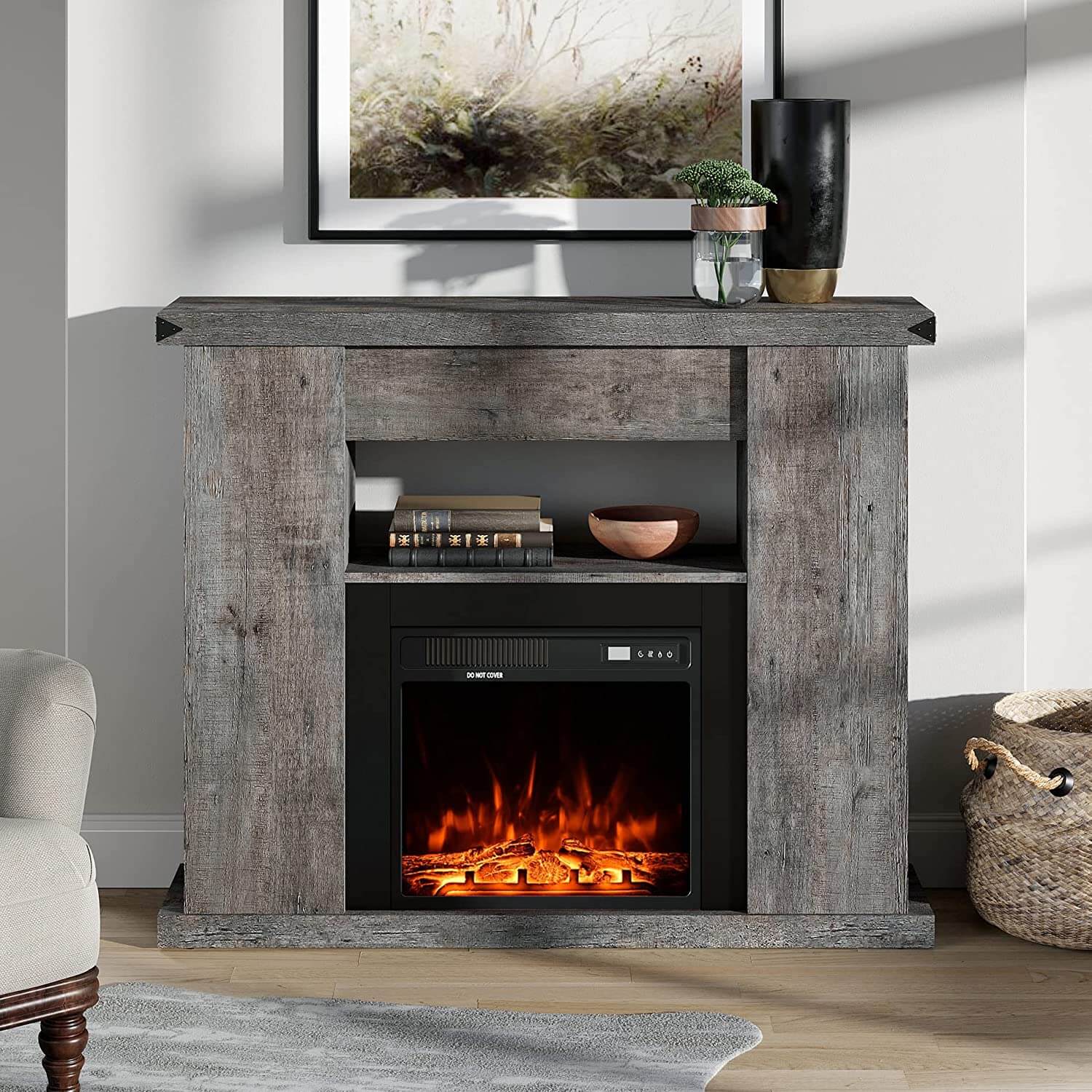 WAMPAT 47" Electric Fireplace with Mantel, Fire Place TV Stand Heater Entertainment Center, Grey