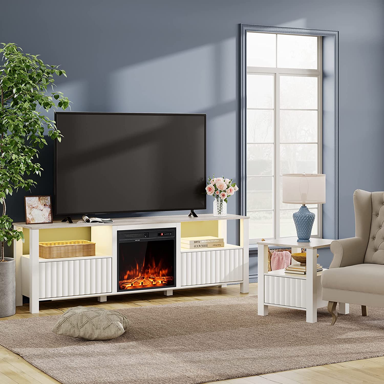 WAMPAT 70" Electric Fireplace TV Stand for 75 Inch TV, LED Farmhouse Wood TV Console Table for 80 70 65 Inch TV for Living Room, White