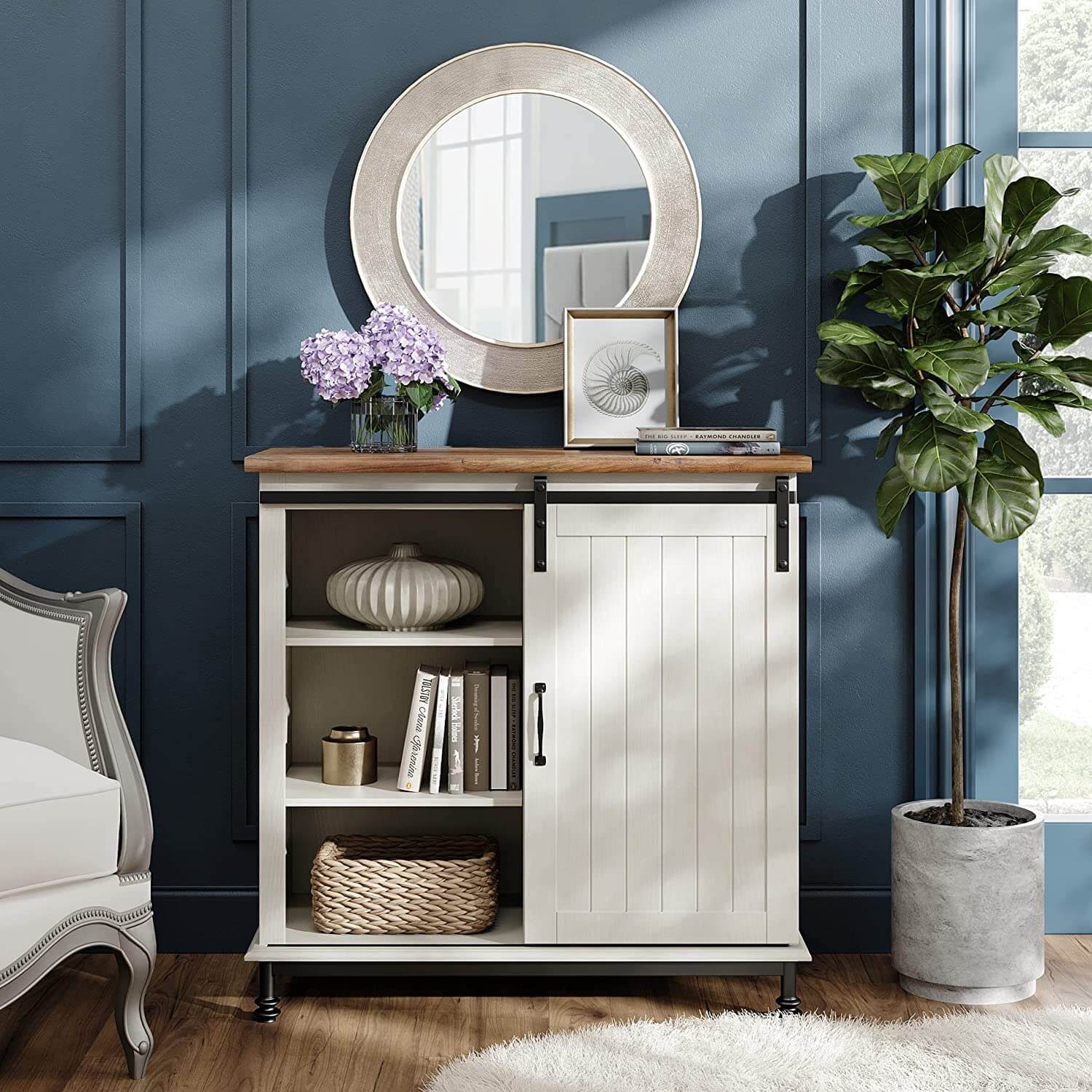 WAMPAT 35" Rustic Farmhouse Sliding Barn Door Accent Cabinet Coffee Bar Buffet Entryway Storage Table, White
