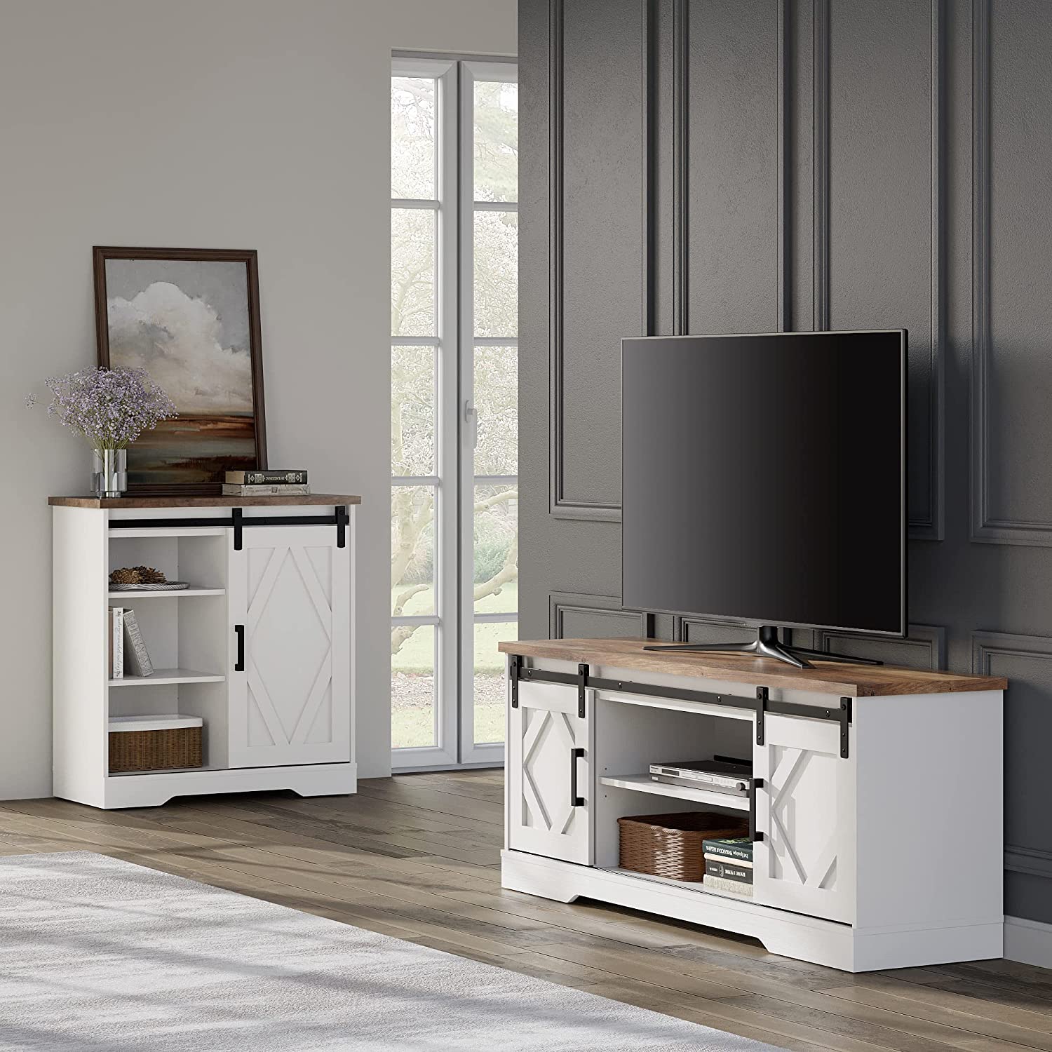 WAMPAT Farmhouse Sliding Barn Door TV Stand for 32-65 Inch TV & Accent Cabinet for Living Room, White