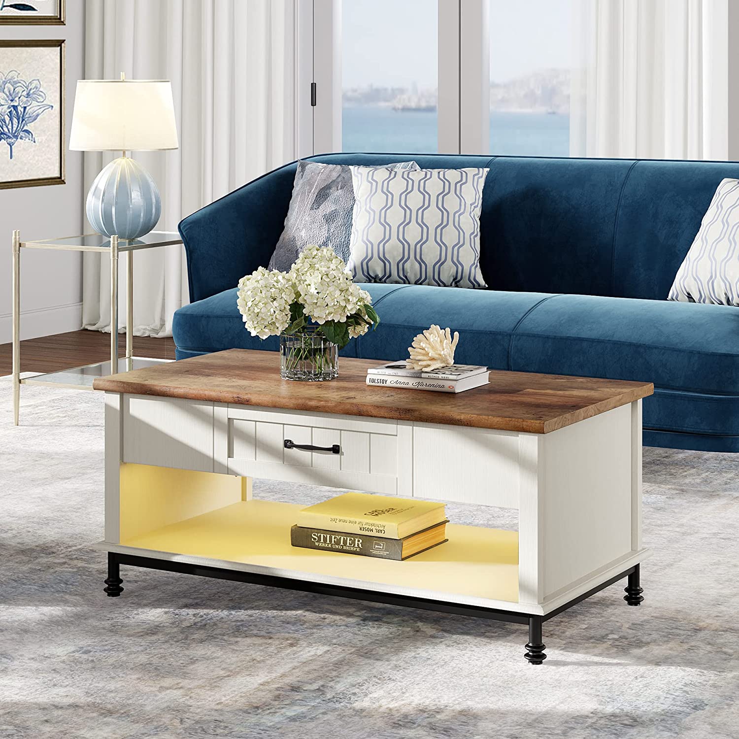 WAMPAT 42" Farmhouse Coffee Table with 1 Drawer & Open Storage Shelf for Living Room, Yellow LED Light, White