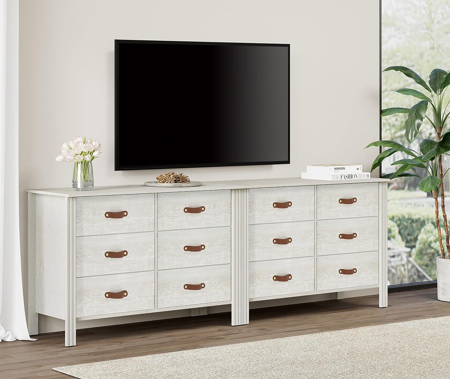 WAMPAT Dresser TV Stand, Wood Entertainment Center with 6 Fabric Drawers, Chest of Drawers for Living Room, Bedroom, Hallway