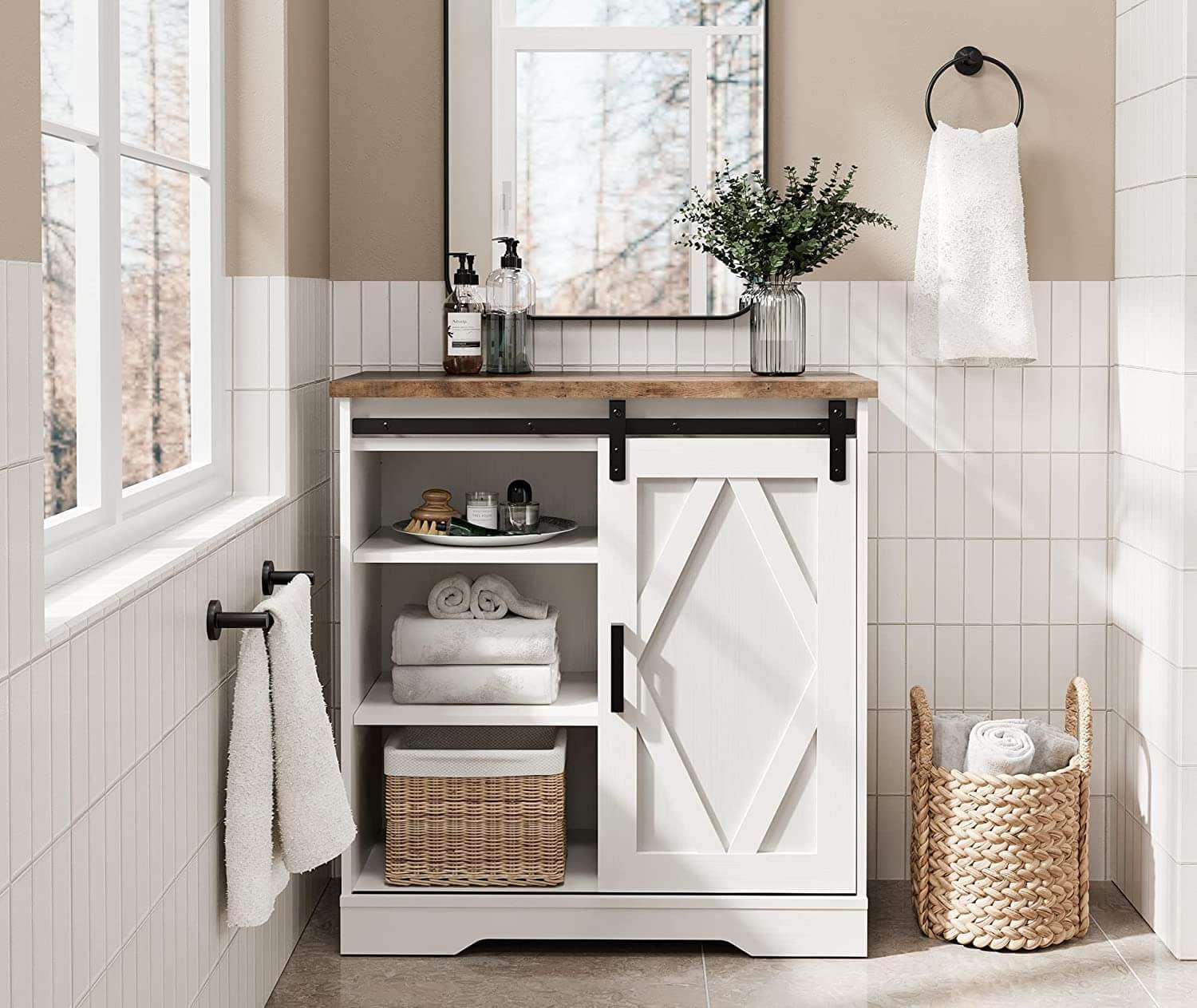 WAMPAT 35" Rustic Farmhouse Accent Buffet Sideboard Coffee Bar Cabinet with Sliding Barn Door & Yellow LED, White