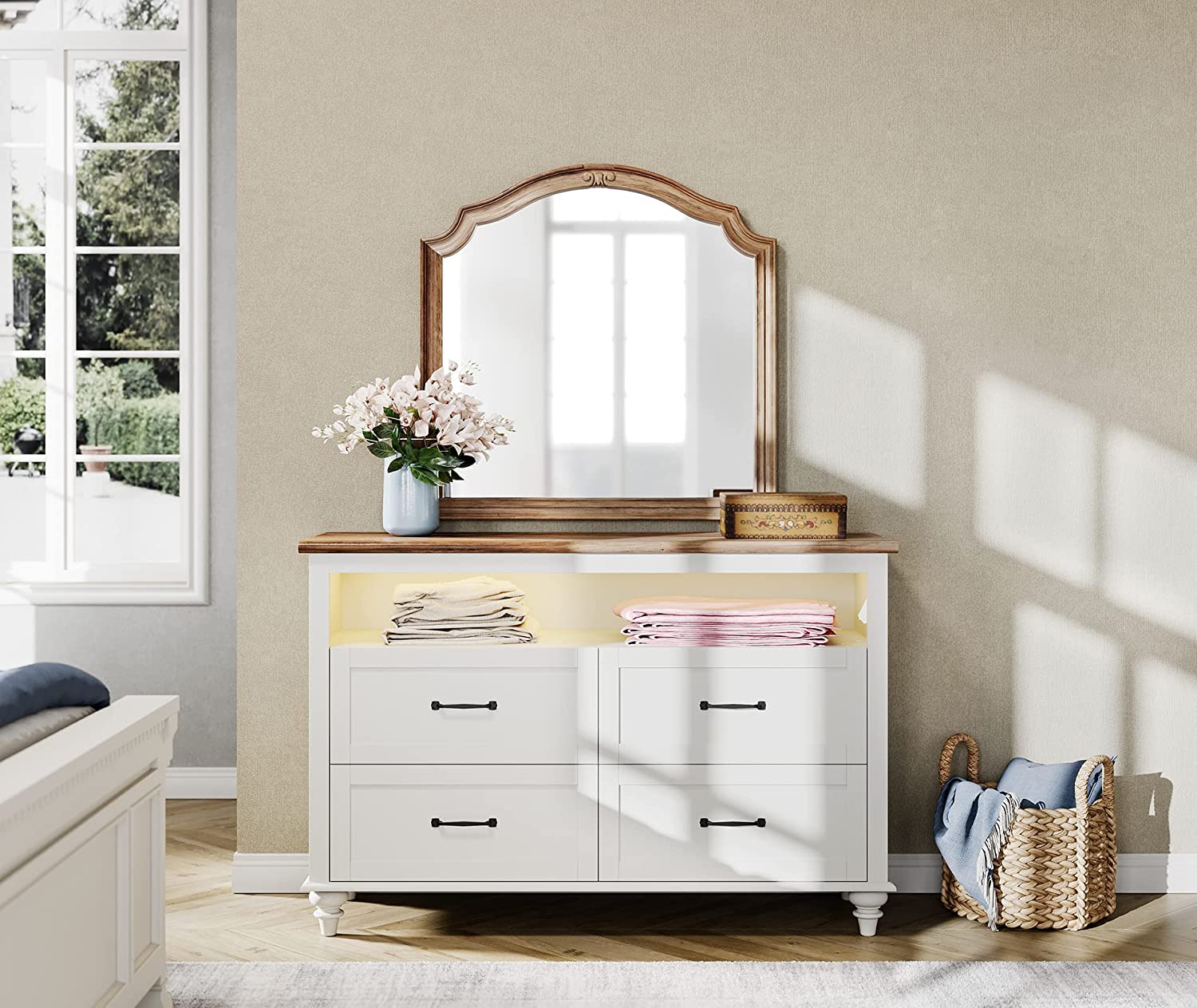 WAMPAT 48" Baby Changing Dresser for Kids Bedroom, Nursery Dresser Organizer with LED Light, Chest of Drawers for Bedroom with 4 Drawers, White
