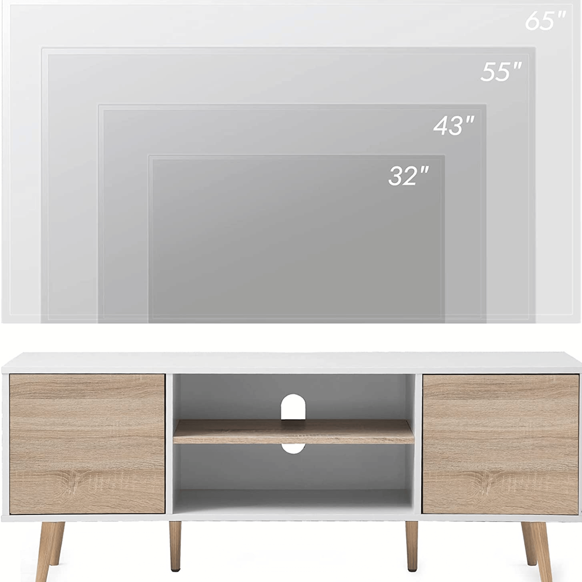 WAMPAT 53" Mid Century Modern Wood TV Stand for 32-60 Inch TV, Home Entertainment Center TV Cabinet Unit with Yellow LED, White & Oak