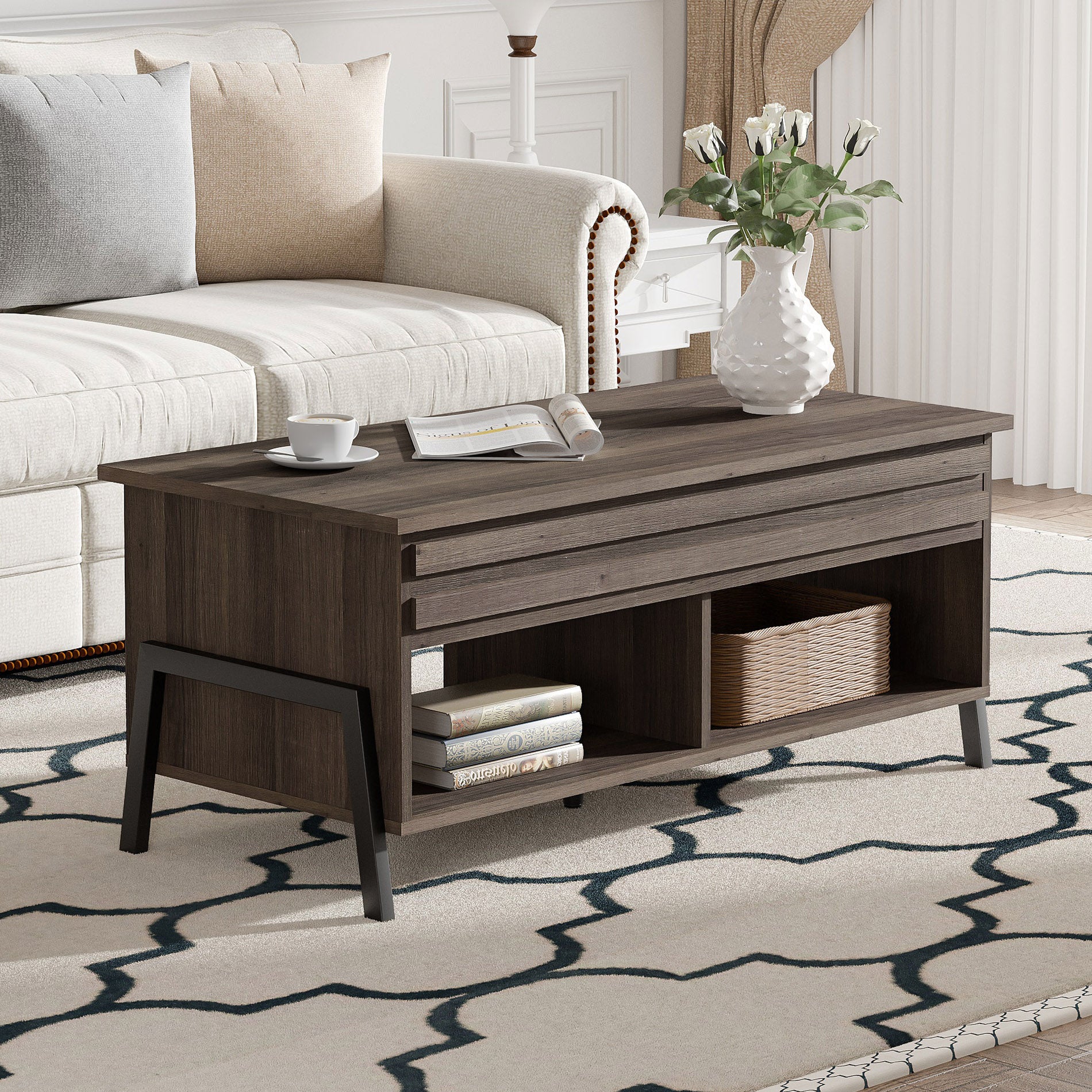 WAMPAT 42" Modern Lift Top Coffee Table with Lift Tabletop & Storage for Home Decor, Brown