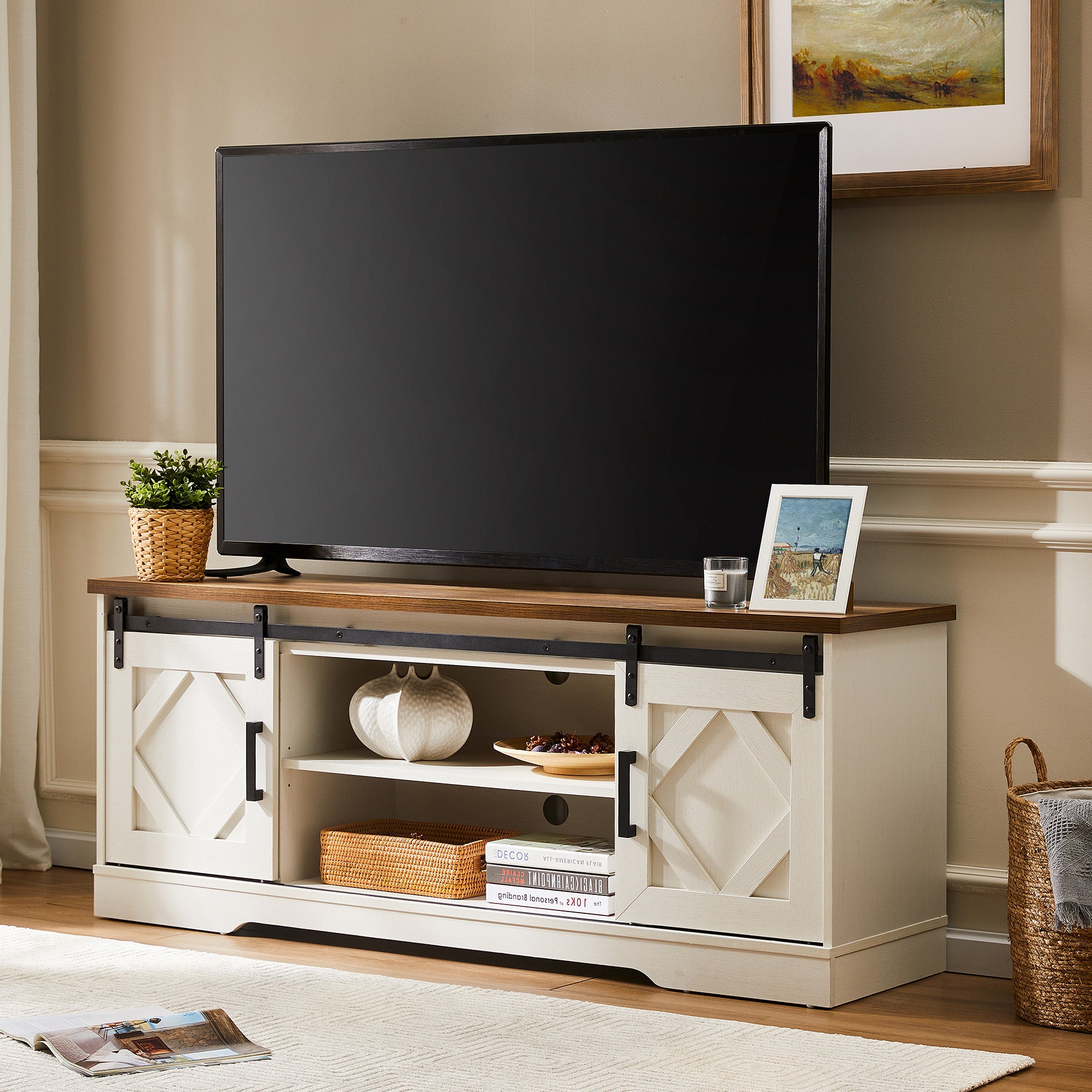 WAMPAT 60" Farmhouse Solid Wood TV Stand for 32-65 Inch TV, Sliding Barn Door Entertainment Center, White