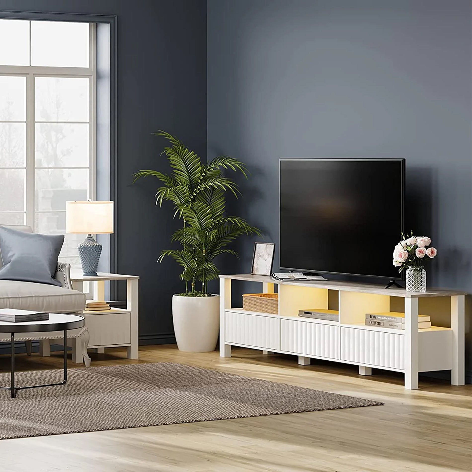 WAMPAT LED TV Stand for TVs up to 85 Inch, Modern Entertainment Center TV Console Table with 8 Cubby Storage for Living Room, White