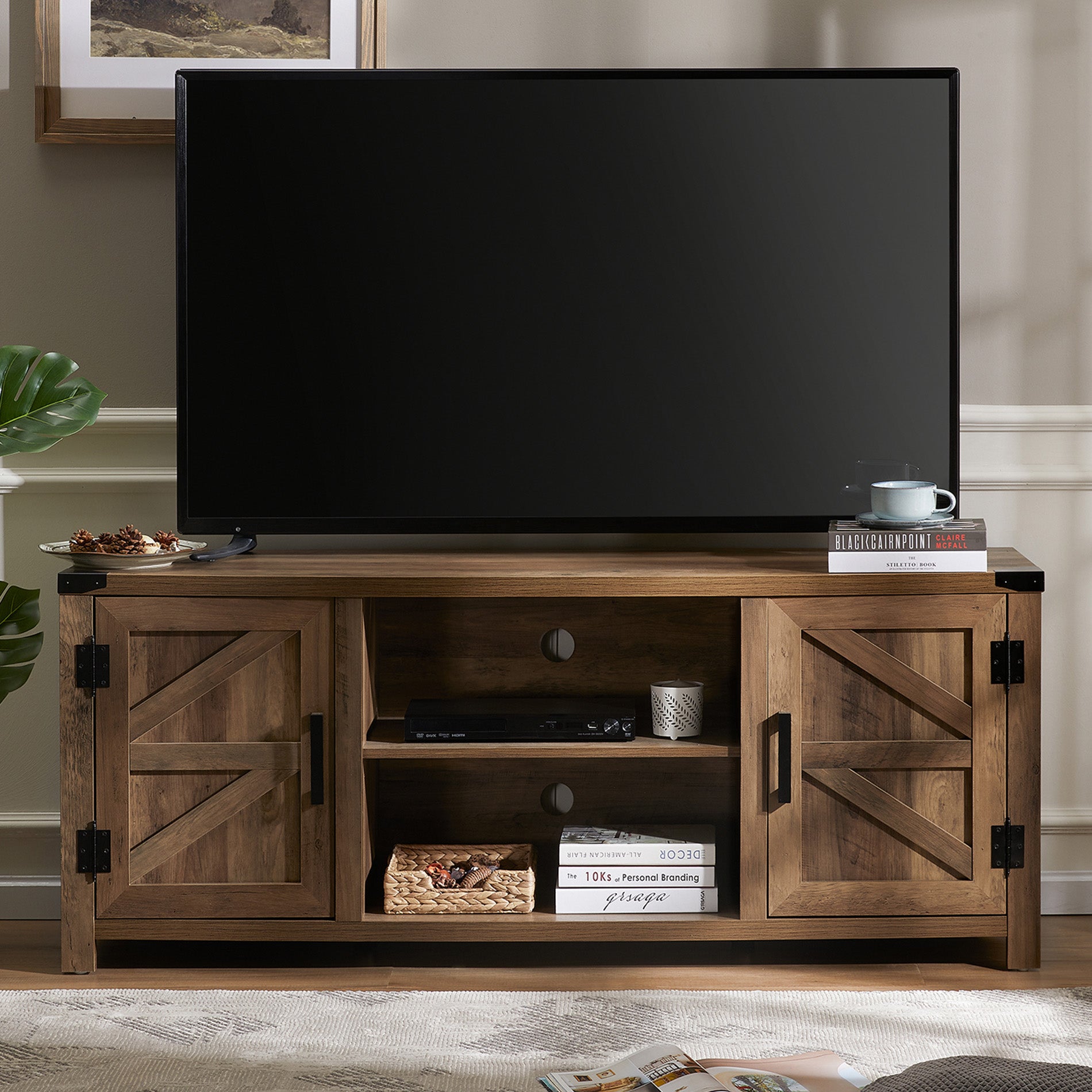WAMPAT 59" Farmhouse Barn Door TV Stand for 32-65 Inch TV, Modern Wood Console Entertainment Center Storage Cabinet for Living Room, Oak Wash