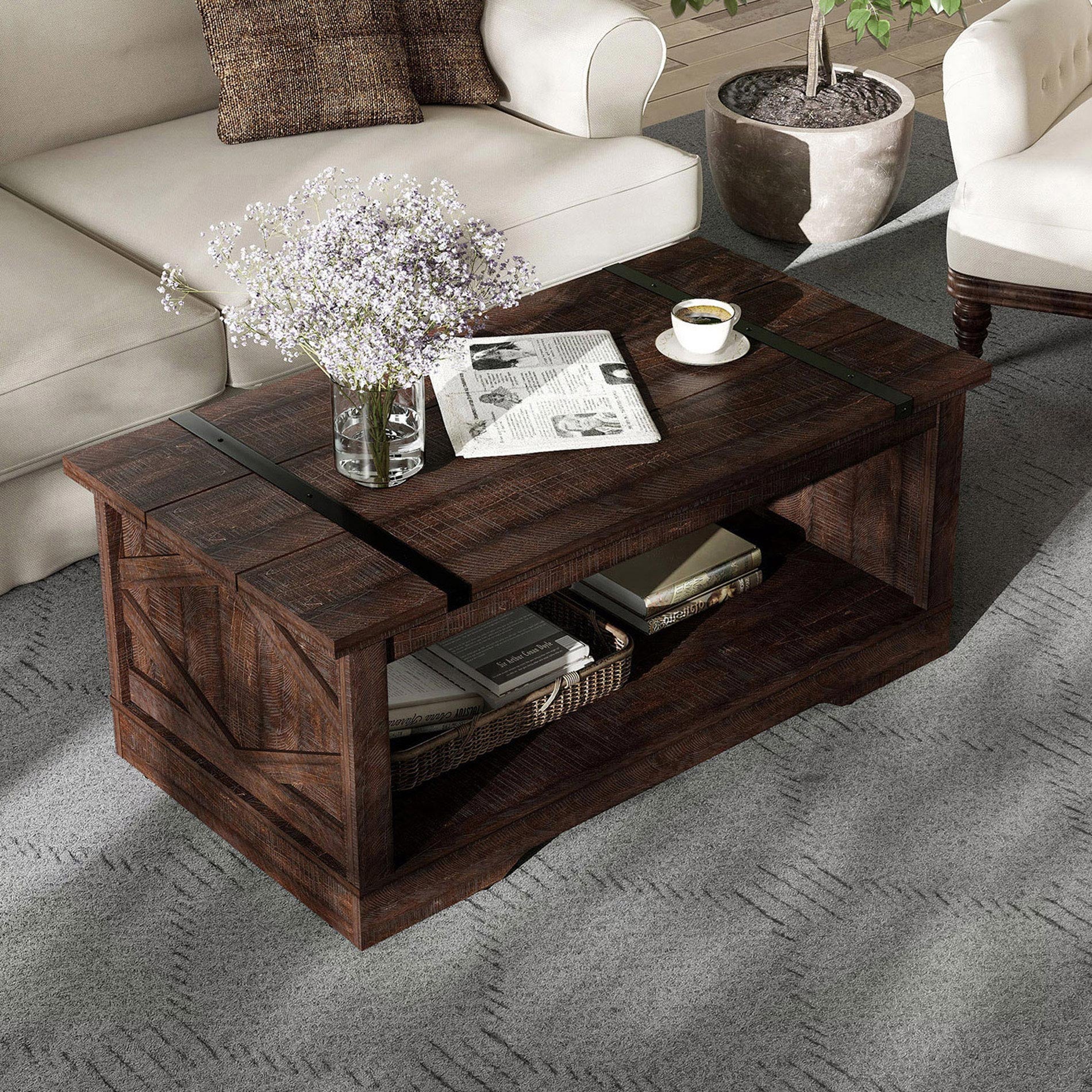 WAMPAT 42" Modern Farmhouse Coffee Table with Open Storage for Living Room, Rustic Brown