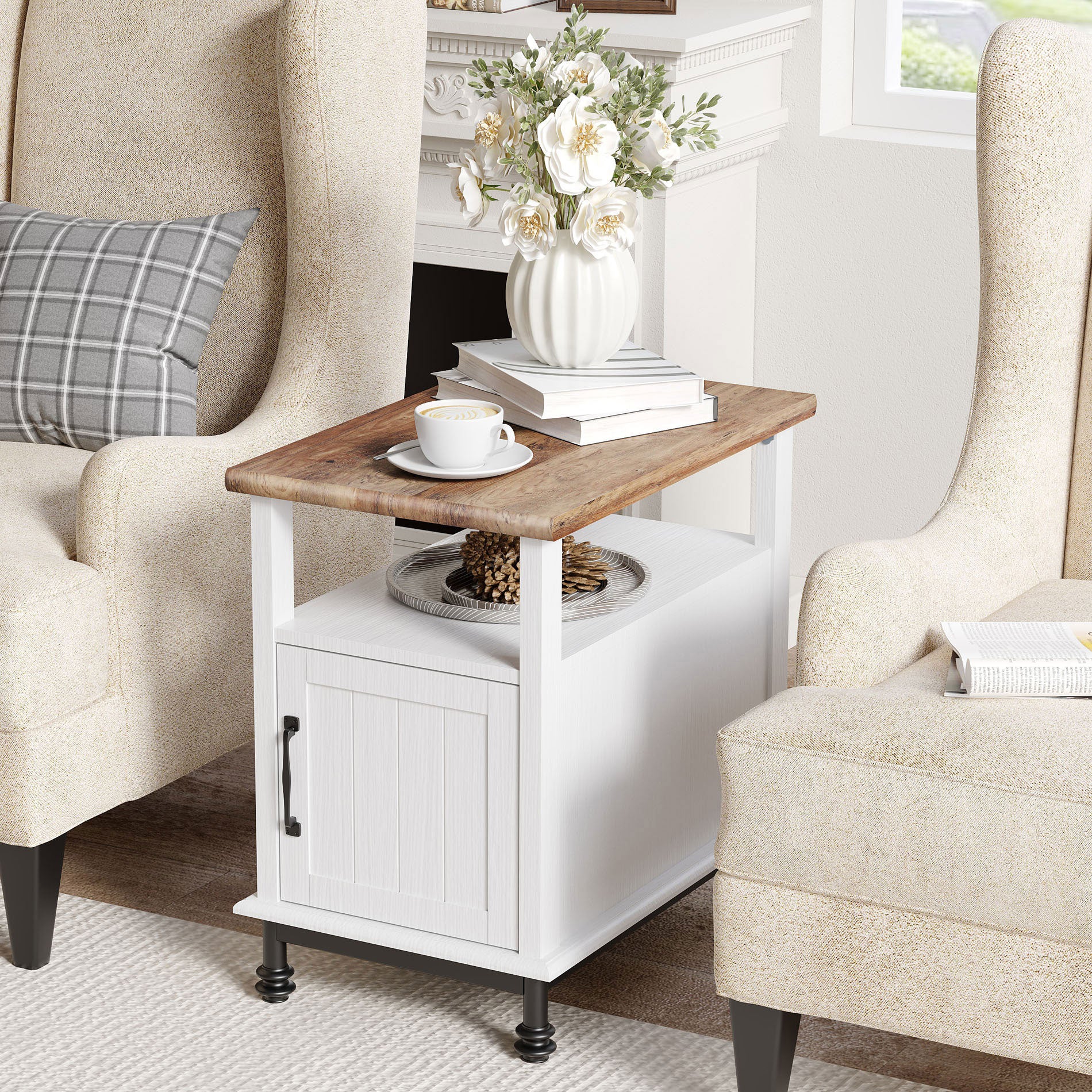 WAMPAT 24" Farmhouse Nightstand, Premium Wood Accent End Side Table, White