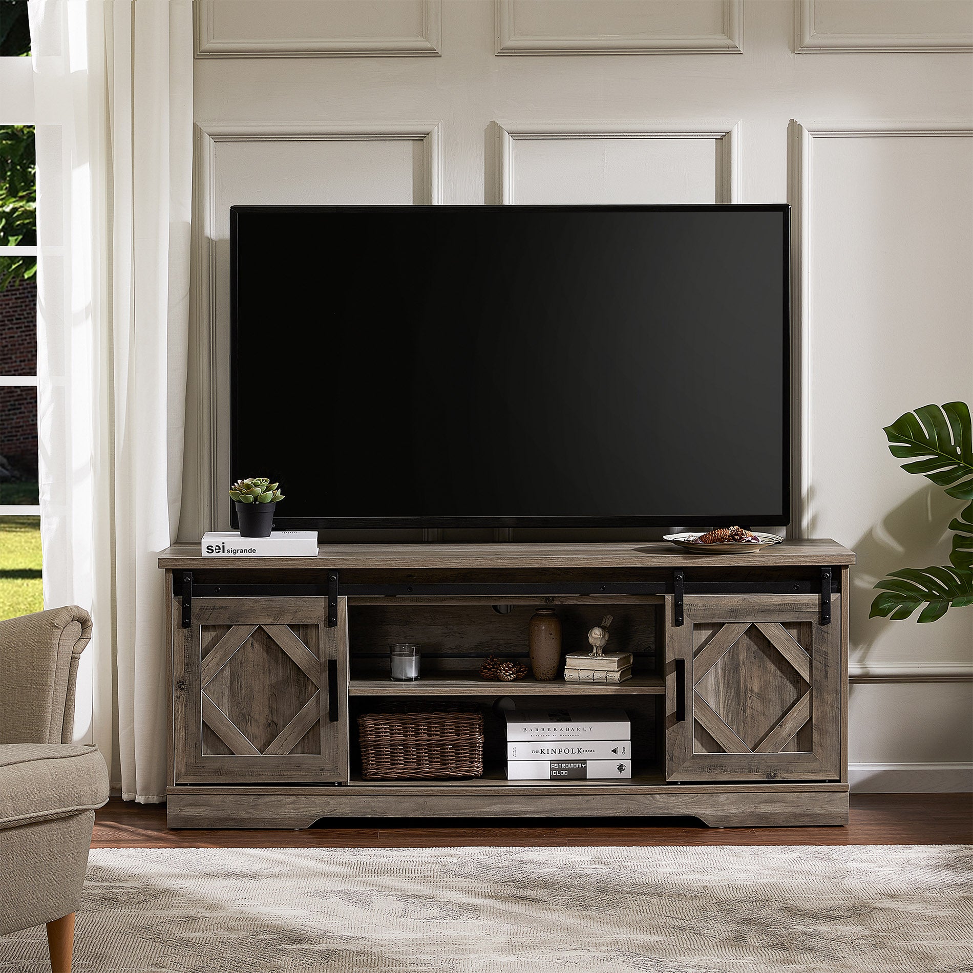 WAMPAT 60" Solid Wood TV Stand for 32-65 Inch TV, Farmhouse Sliding Barn Door Entertainment Center, Grey