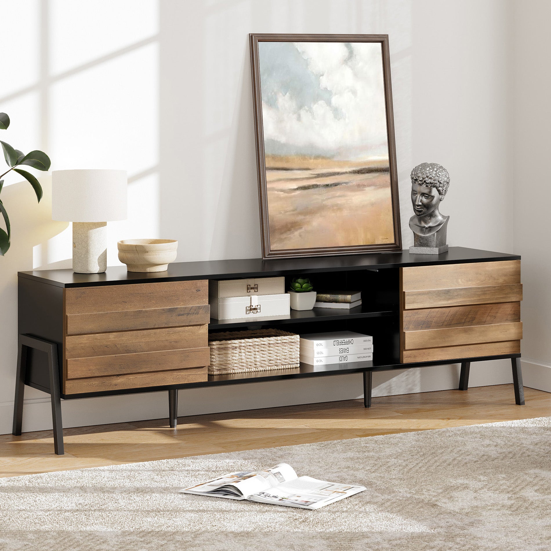WAMPAT 70" Mid-Century Modern TV Stand for 32-65 Inch TV, Home Entertainment Center TV Cabinet Unit, Black & Oak