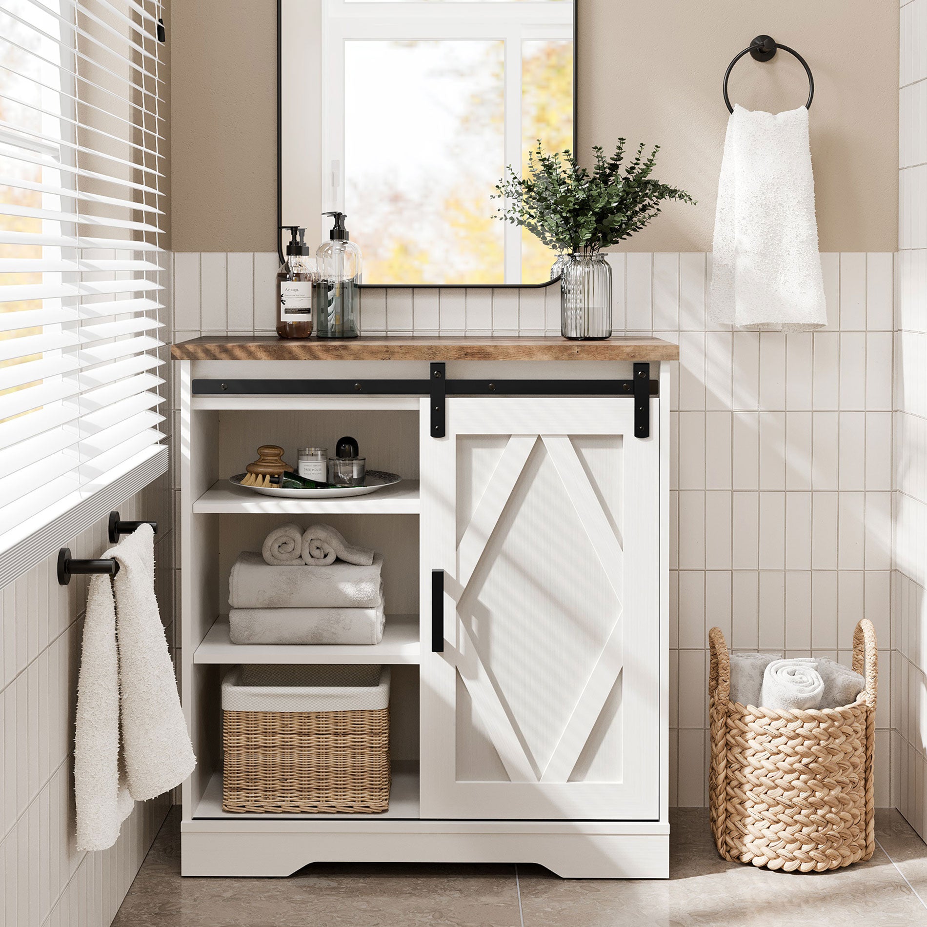 WAMPAT 35" Rustic Farmhouse Accent Buffet Sideboard Coffee Bar Cabinet with Sliding Barn Door, Storage Shelves for Home Kitchen Bathroom, White