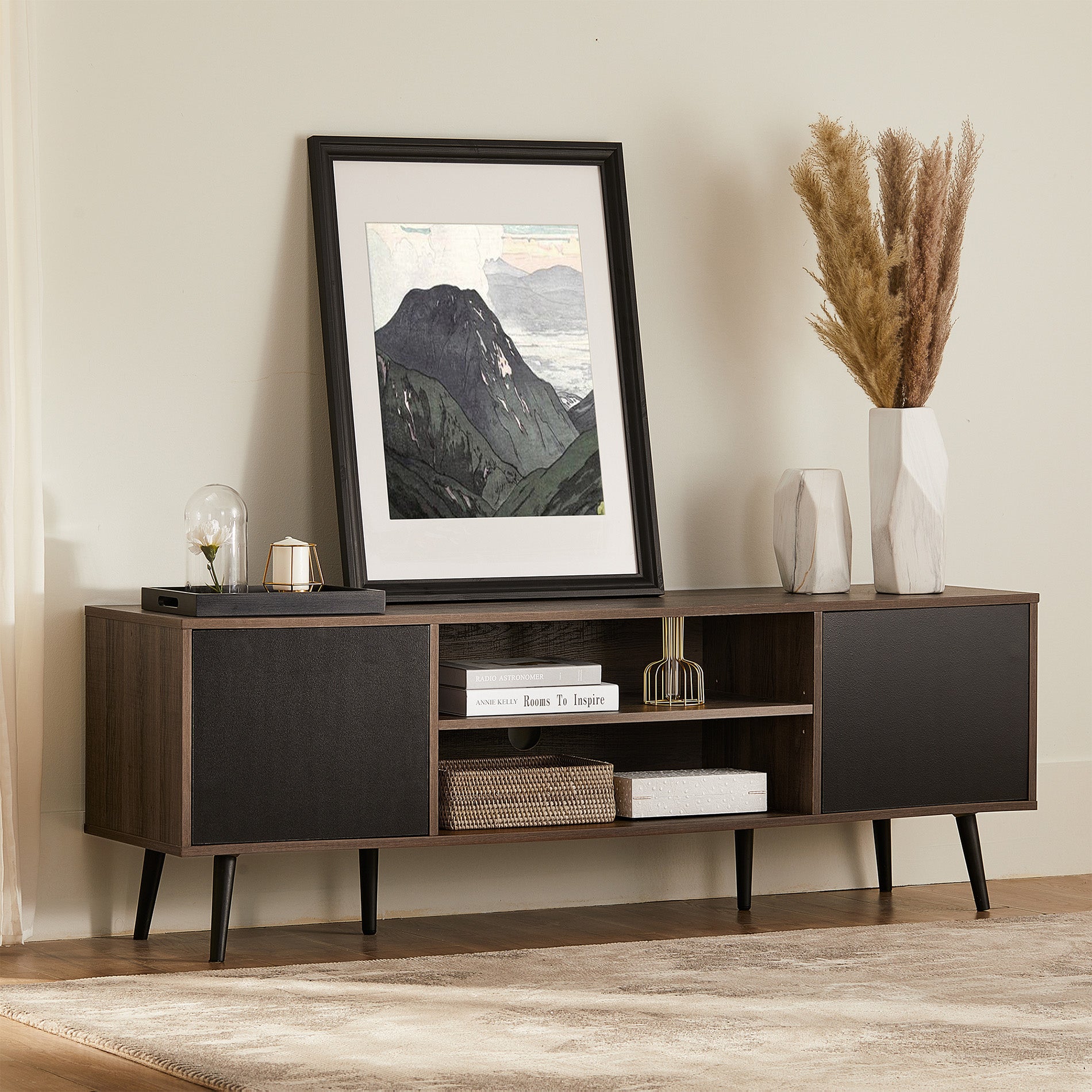 WAMPAT 60" Mid-Century Modern TV Stand for 32-65 Inch TV, Wood TV Console Media Cabinet with Yellow LED, Black