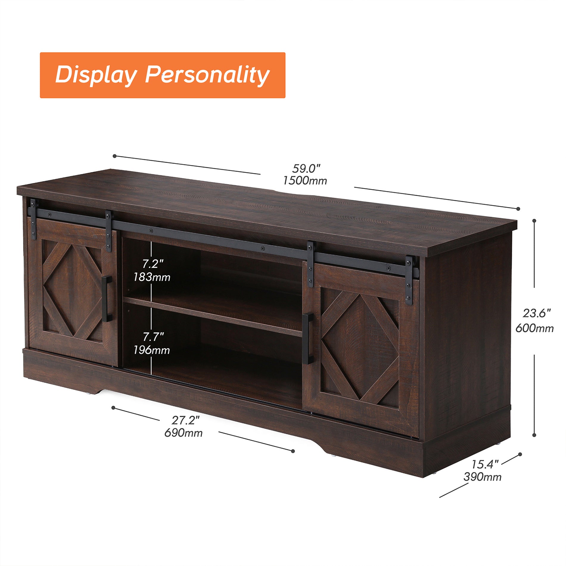 WAMPAT Farmhouse Sliding Barn Door TV Stand for 32-65 Inch TV & Accent Cabinet for Living Room, Rustic Brown
