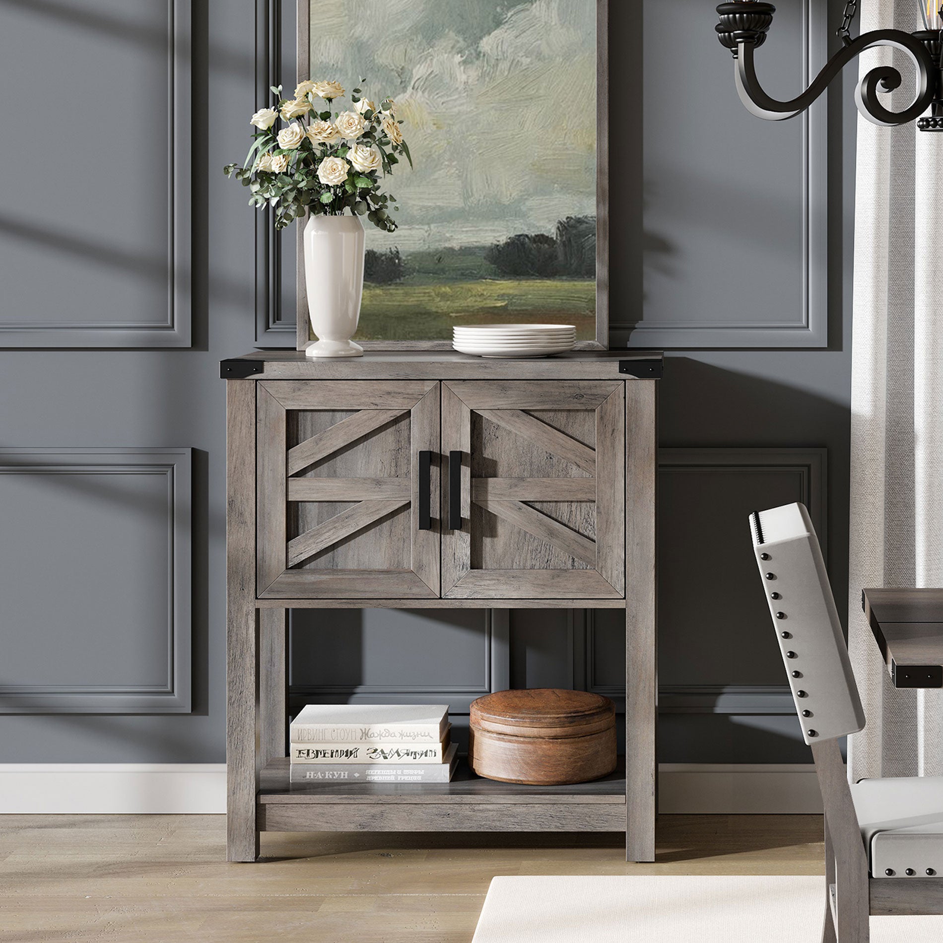 WAMPAT 16" Modern Farmhouse Buffet Cabinet, Wood Sideboard with Cabinet & Open Storage, Wash Grey