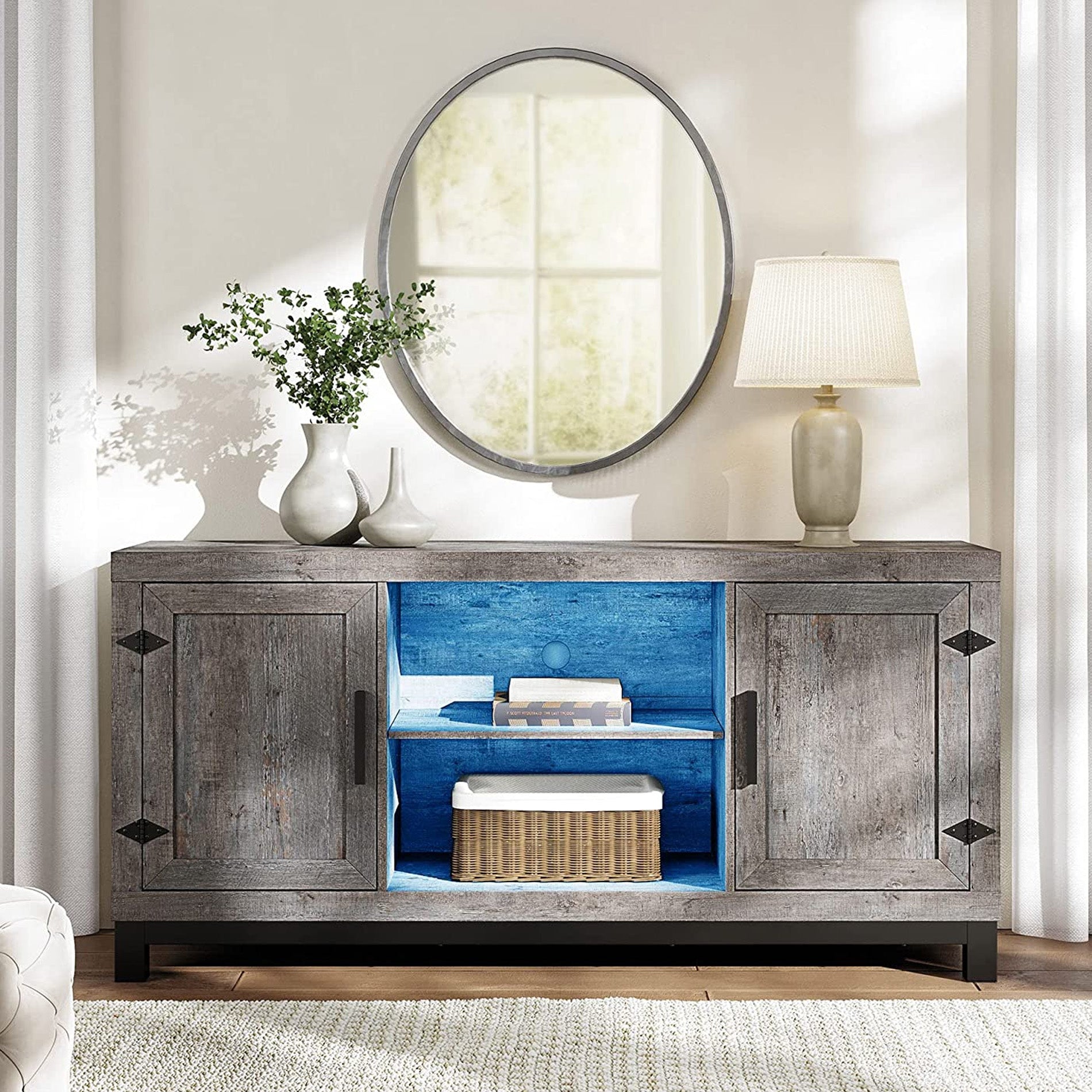 WAMPAT 58" Modern Farmhouse Barn Door TV Stand with LED Light for 32-65 Inch TV, Grey