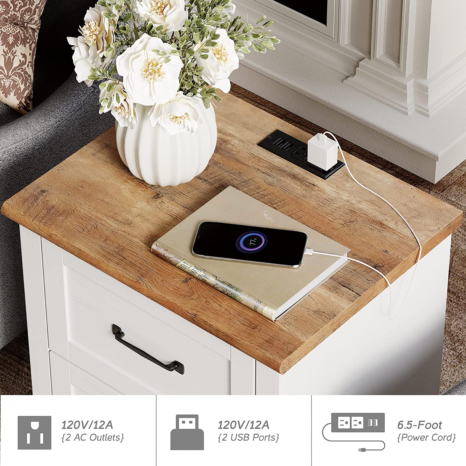 WAMPAT 19.6" White End Table with Charging Station, Farmhouse Nightstand with Storage, 2 Power outlets & 2 USB Ports for Living Room