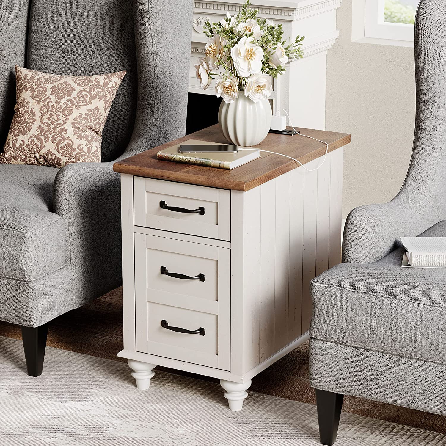 WAMPAT 24" White End Table with Charging Station, Farmhouse Side Table with Storage, 2 Power outlets & 2 USB Ports for Living Room