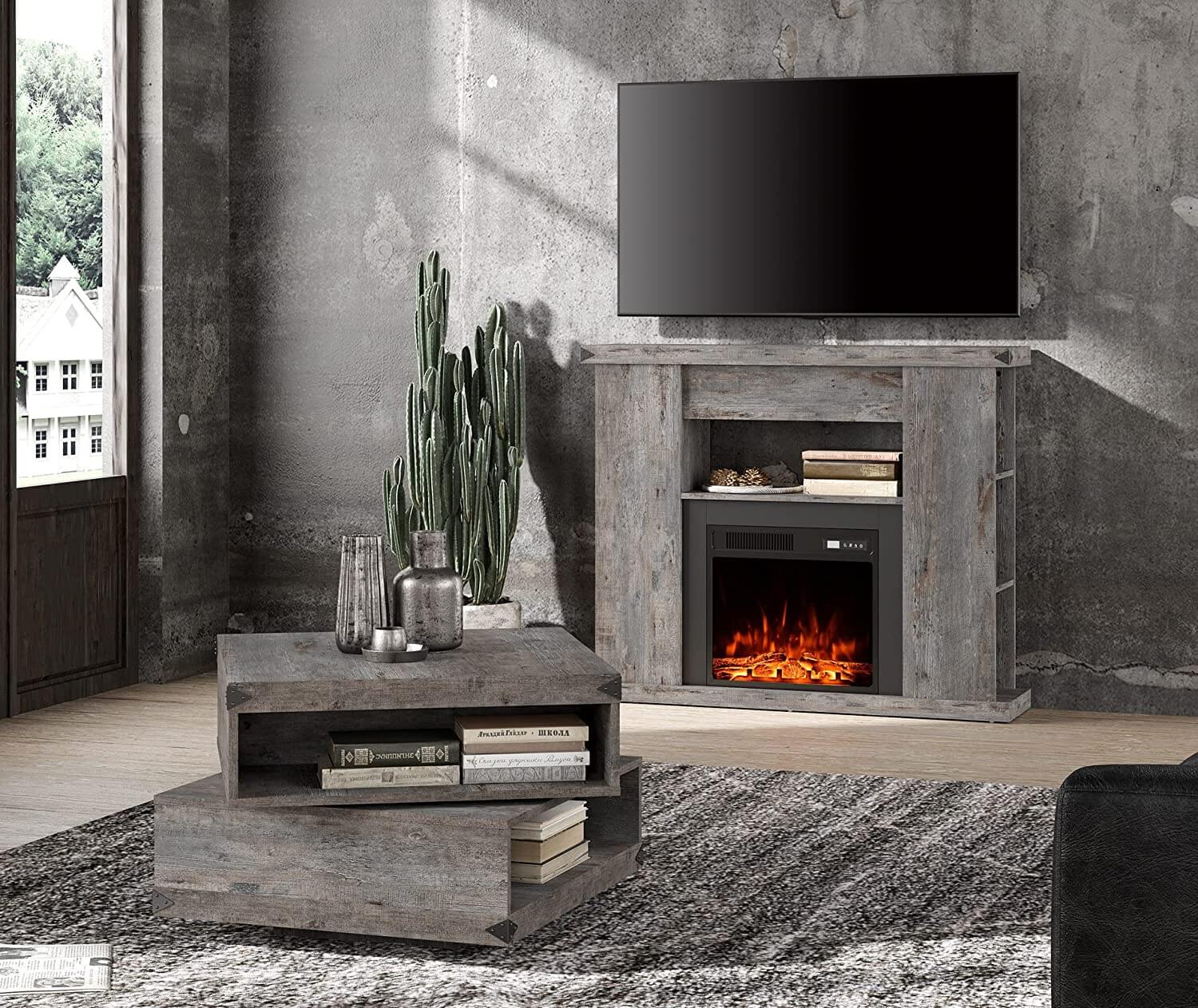 WAMPAT 47" Electric Fireplace with Mantel, Fire Place TV Stand Heater Entertainment Center, Grey