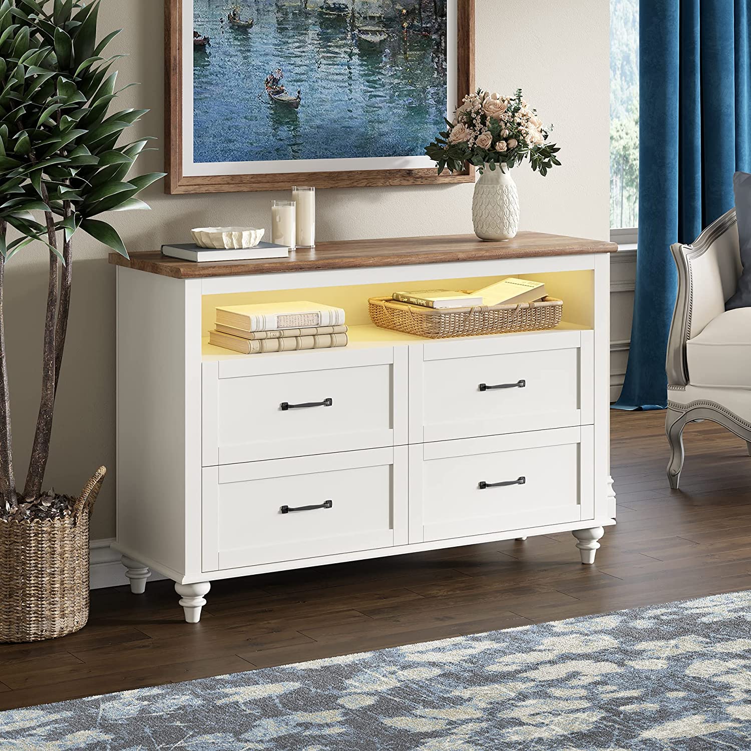 WAMPAT 48" Baby Changing Dresser for Kids Bedroom, Nursery Dresser Organizer with LED Light, Chest of Drawers for Bedroom with 4 Drawers, White
