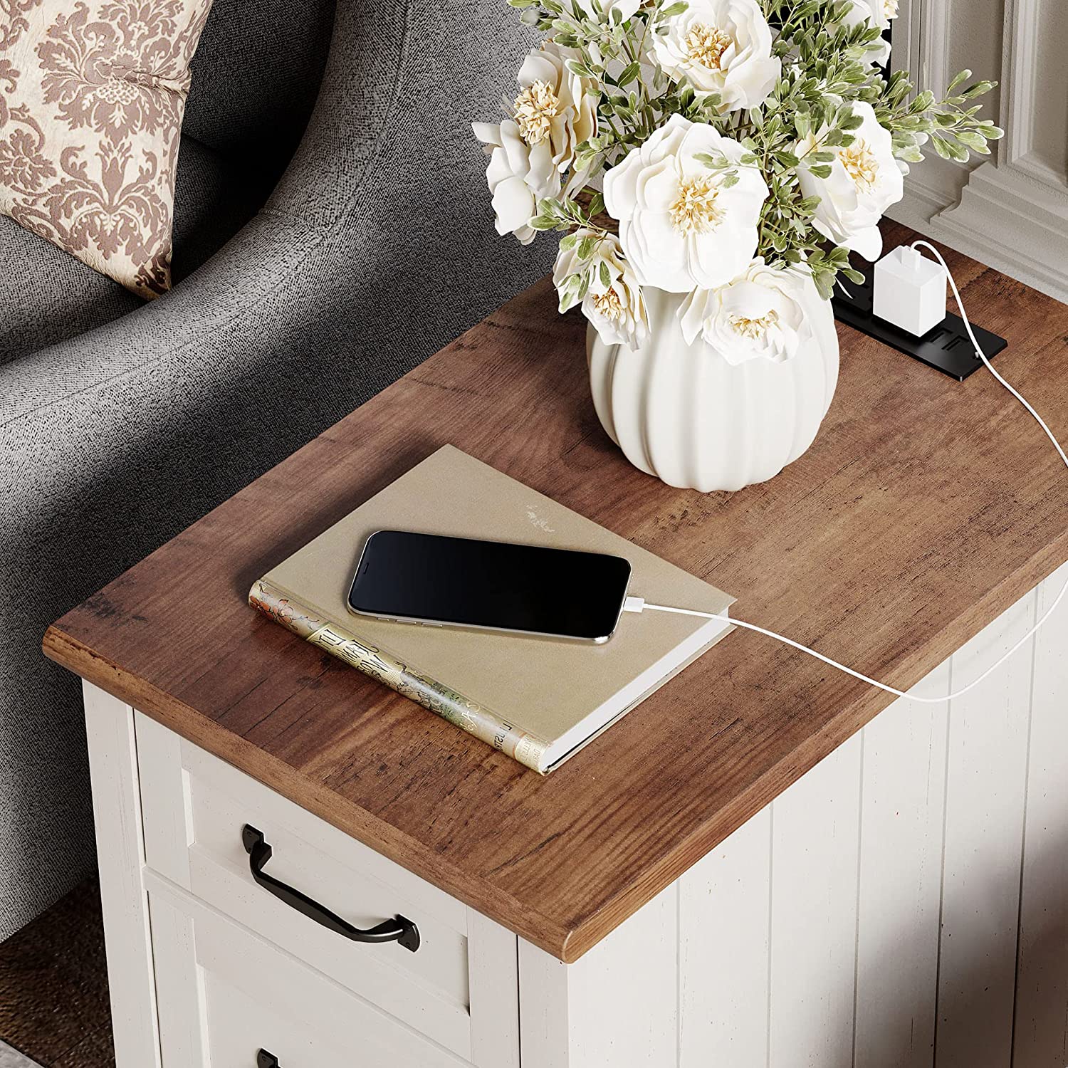 WAMPAT 24" White End Table with Charging Station, Farmhouse Side Table with Storage, 2 Power outlets & 2 USB Ports for Living Room