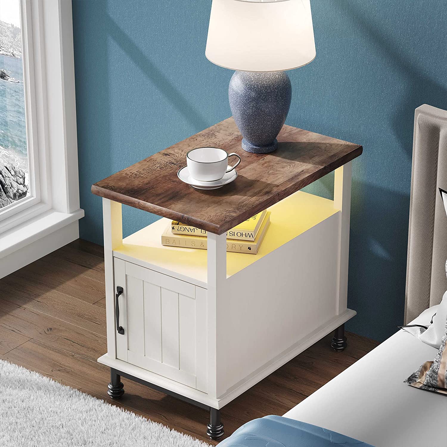 24" Farmhouse Nightstand, Premium Wood Accent End Side Table with Yellow LED Light