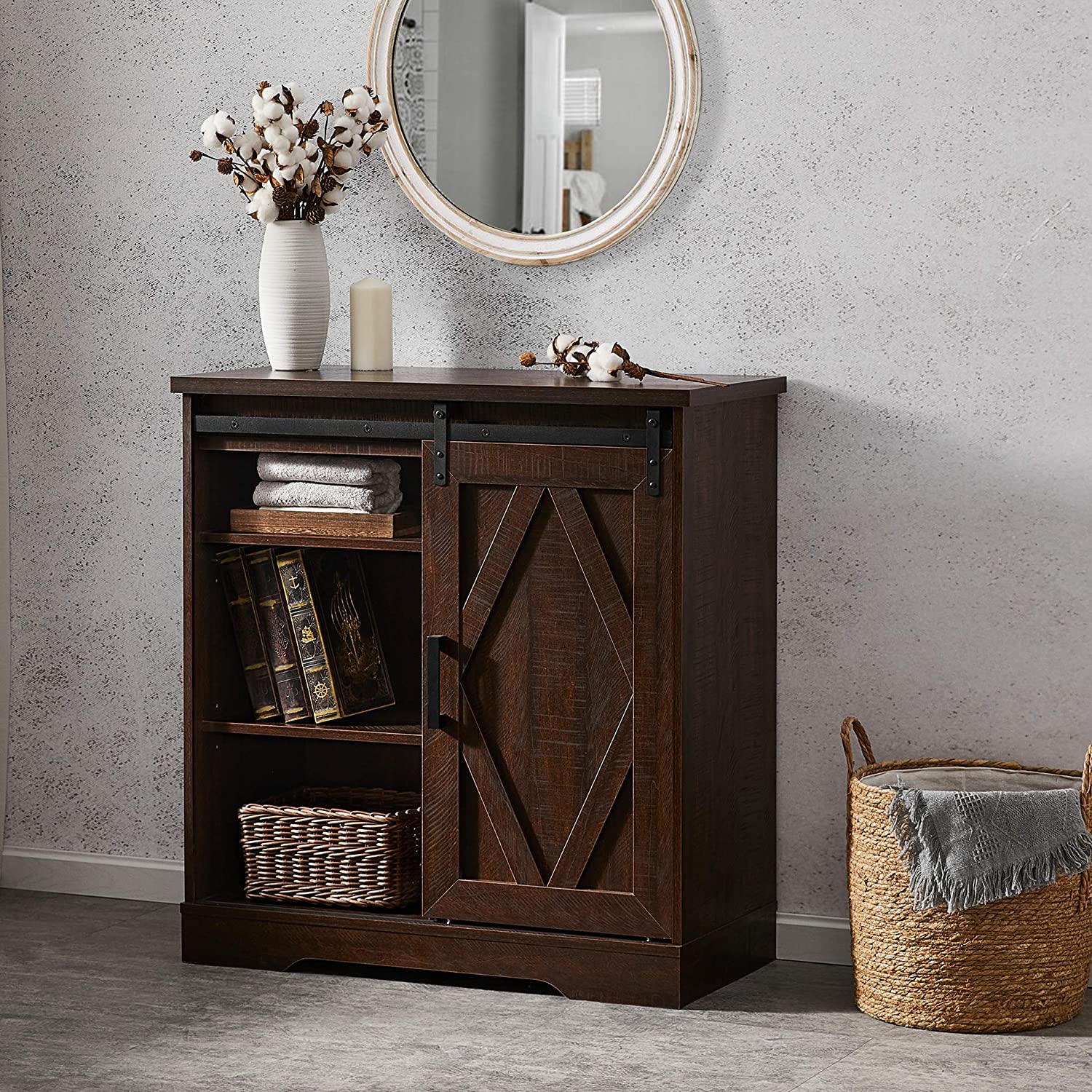 WAMPAT Farmhouse Sliding Barn Door TV Stand for 32-65 Inch TV & Accent Cabinet for Living Room, Rustic Brown