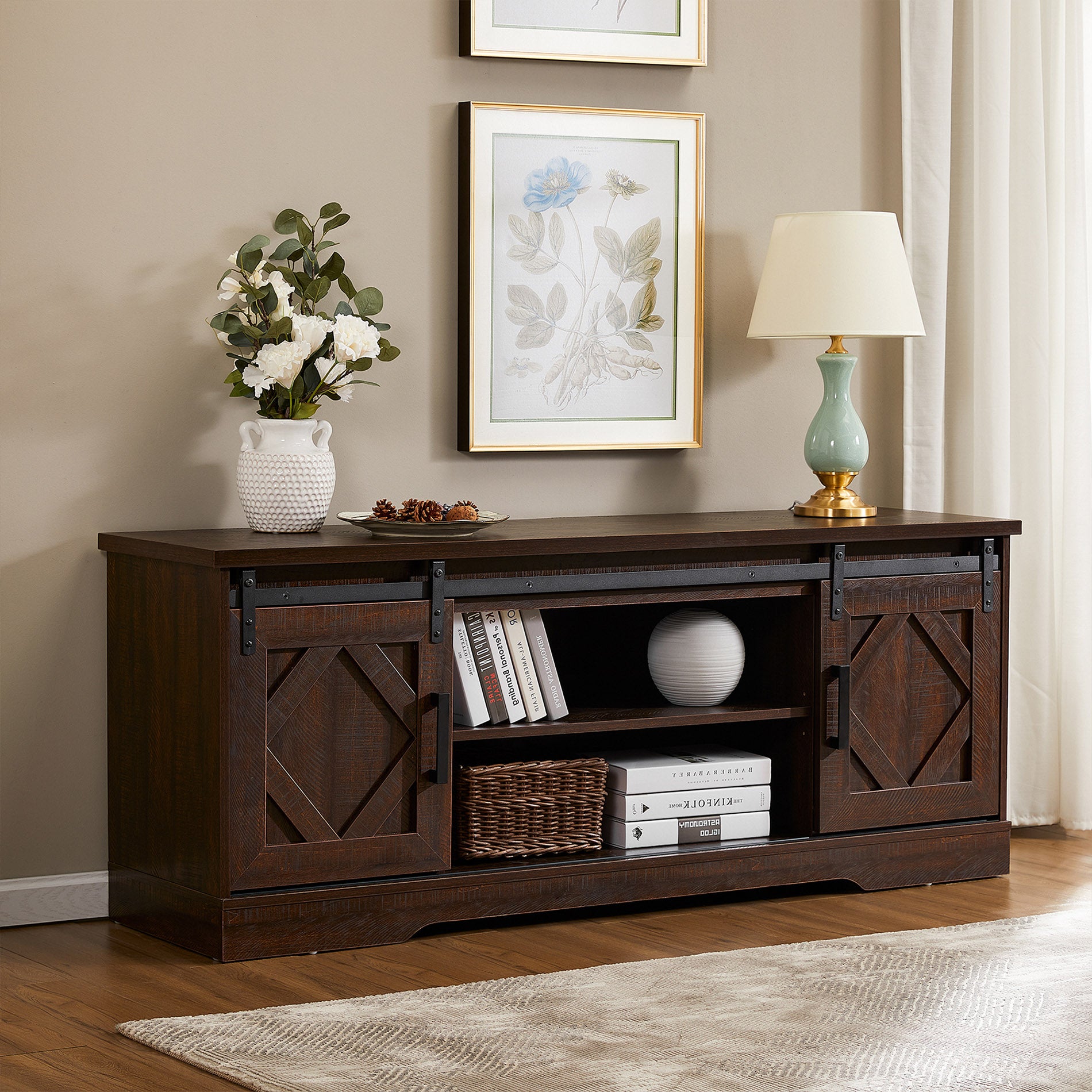 WAMPAT 60" Farmhouse Wooden TV Stand for 32-65 Inch TV, Sliding Barn Door Entertainment Center, Rustic Brown