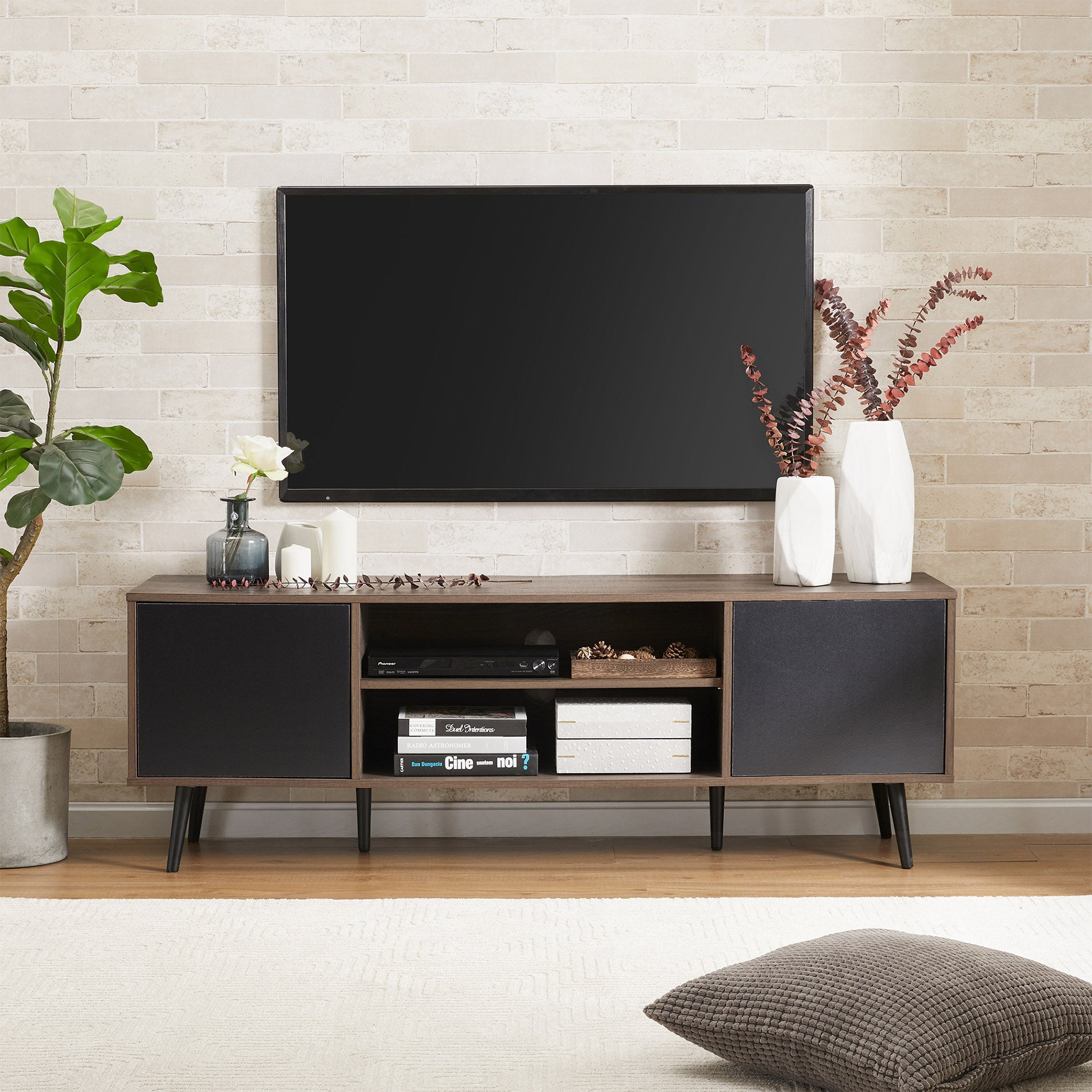 WAMPAT 60" Mid-Century Modern TV Stand for 32-65 Inch TV, Wood TV Console Media Cabinet with Yellow LED, Black