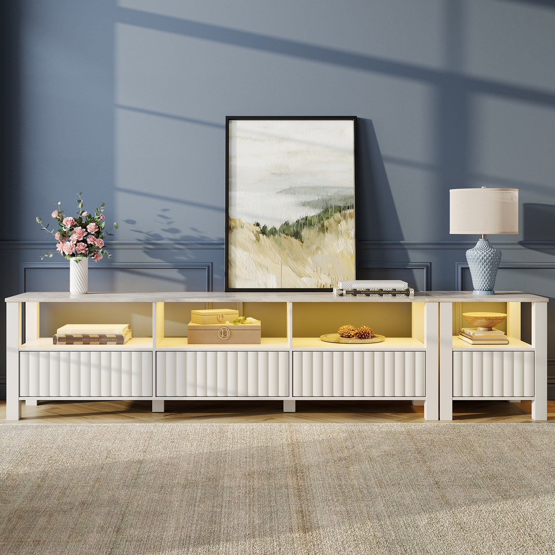 WAMPAT LED TV Stand for TVs up to 85 Inch, Modern Entertainment Center TV Console Table with 8 Cubby Storage for Living Room, White