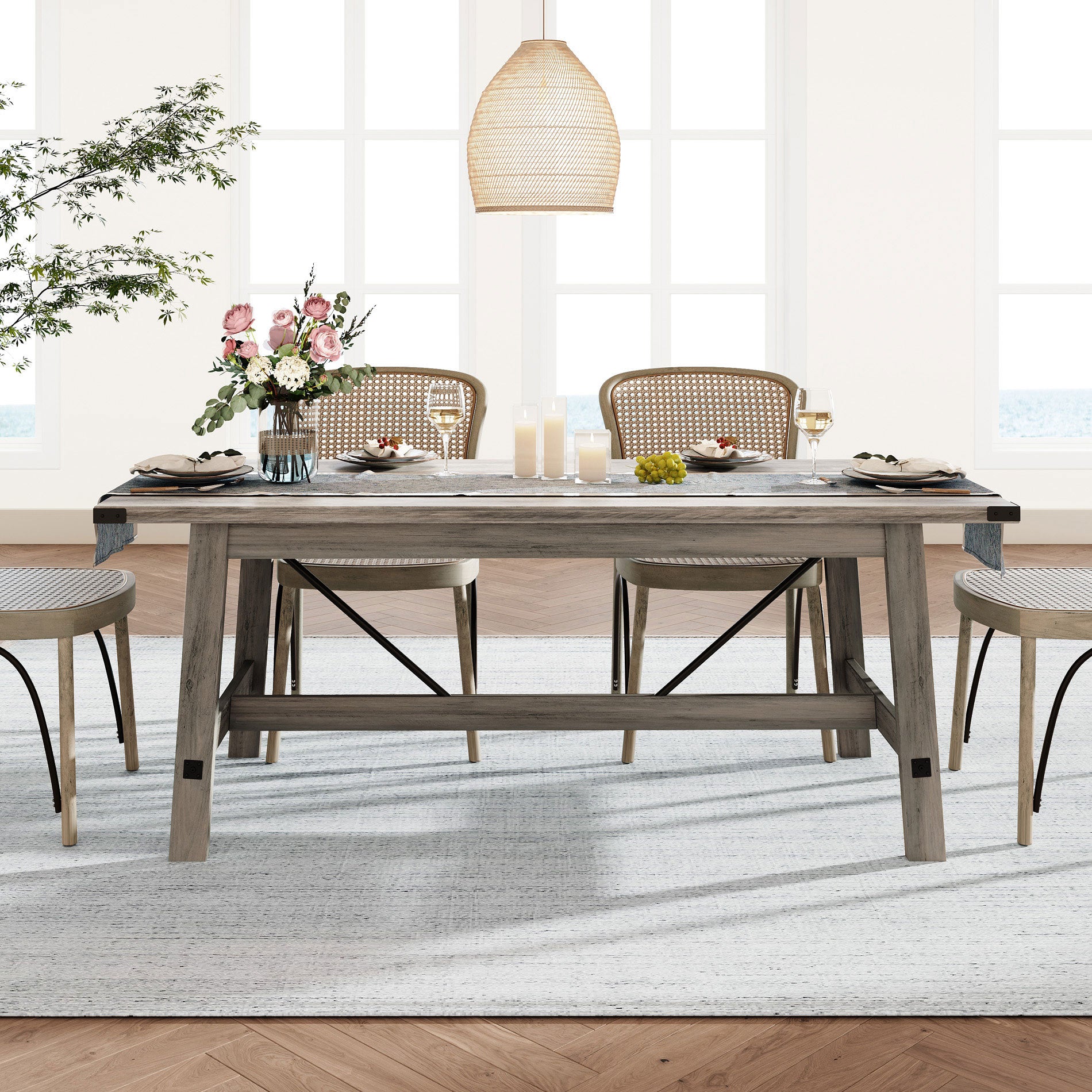 WAMPAT 67.7" 6 Person Modern Wood Dining Room Table, Rustic Grey