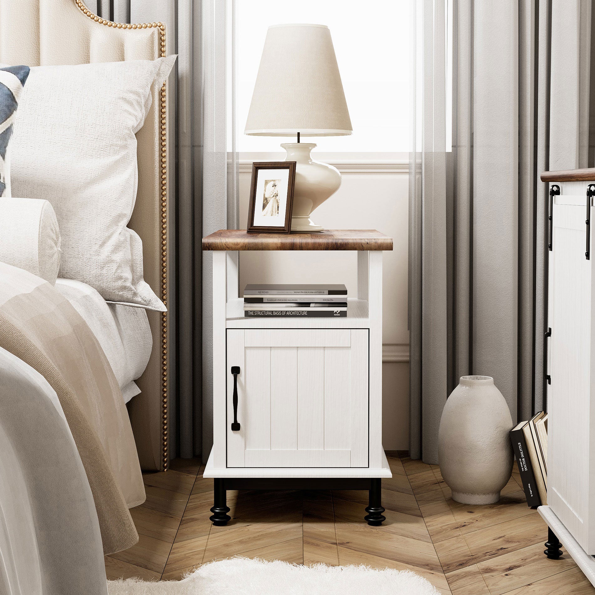 WAMPAT 24" Farmhouse Nightstand, Premium Wood Accent End Side Table, White