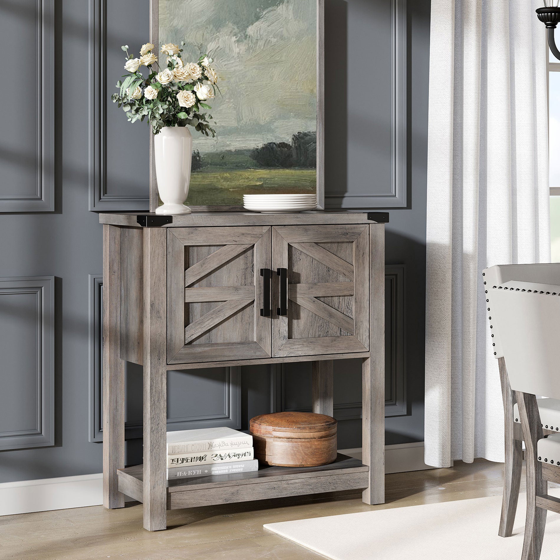 WAMPAT 16" Modern Farmhouse Buffet Cabinet, Wood Sideboard with Cabinet & Open Storage, Yellow LED Light, Wash Grey