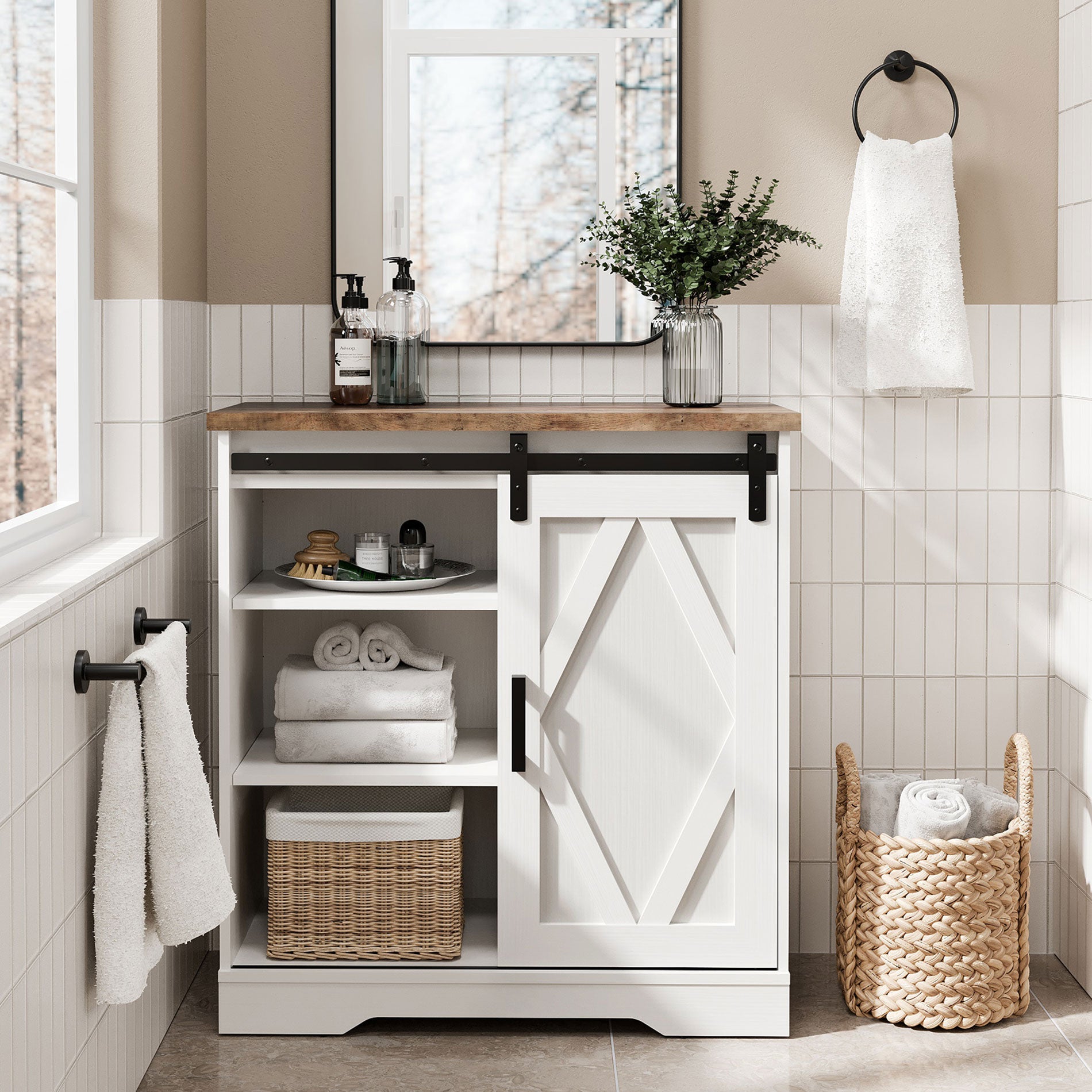 WAMPAT 35" Rustic Farmhouse Accent Buffet Sideboard Coffee Bar Cabinet with Sliding Barn Door, Storage Shelves for Home Kitchen Bathroom, White