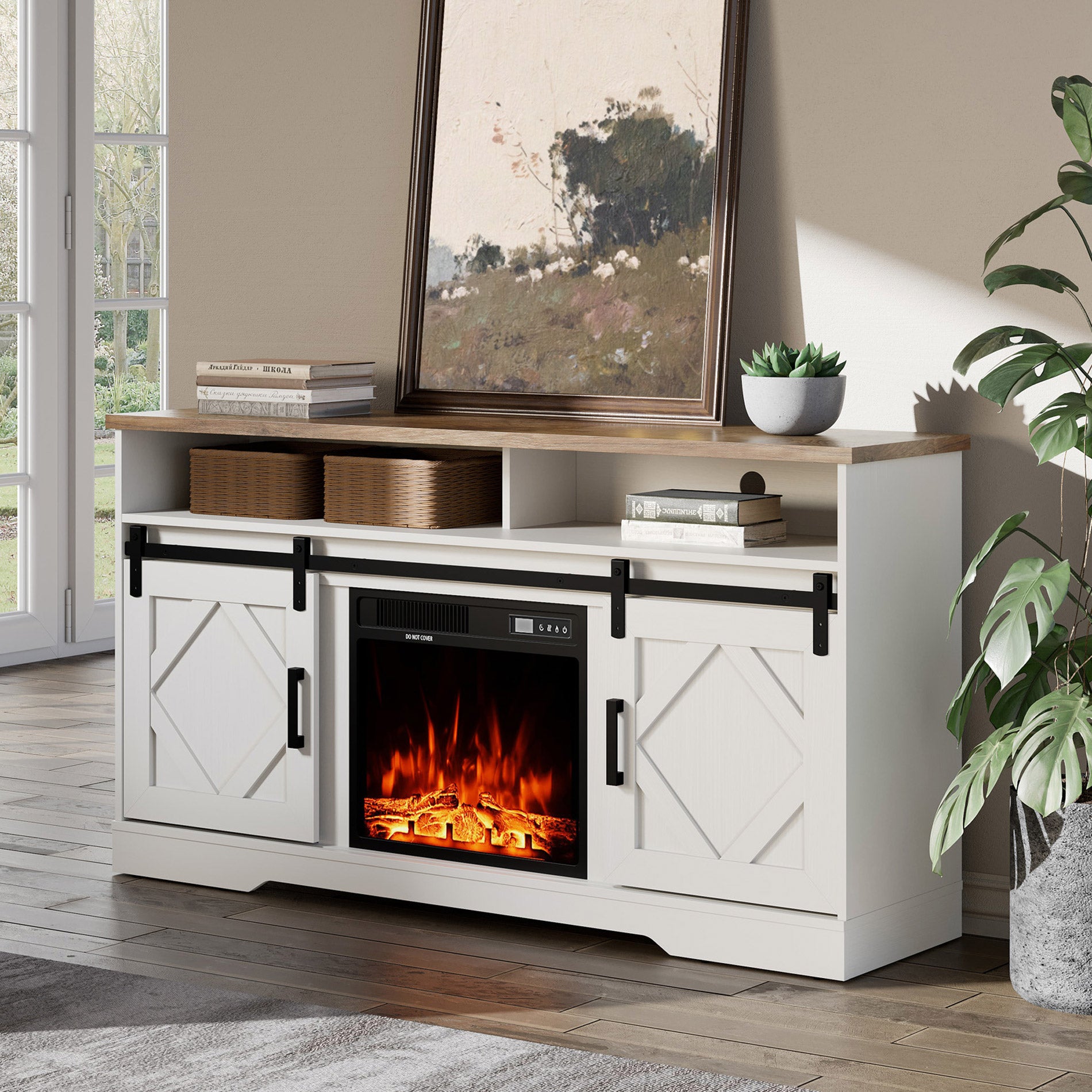 WAMPAT 60" Electric Fireplace TV Stand for TVs Up to 65 Inch, Farmhouse Wood Entertainment Center with Electric Fireplace, White